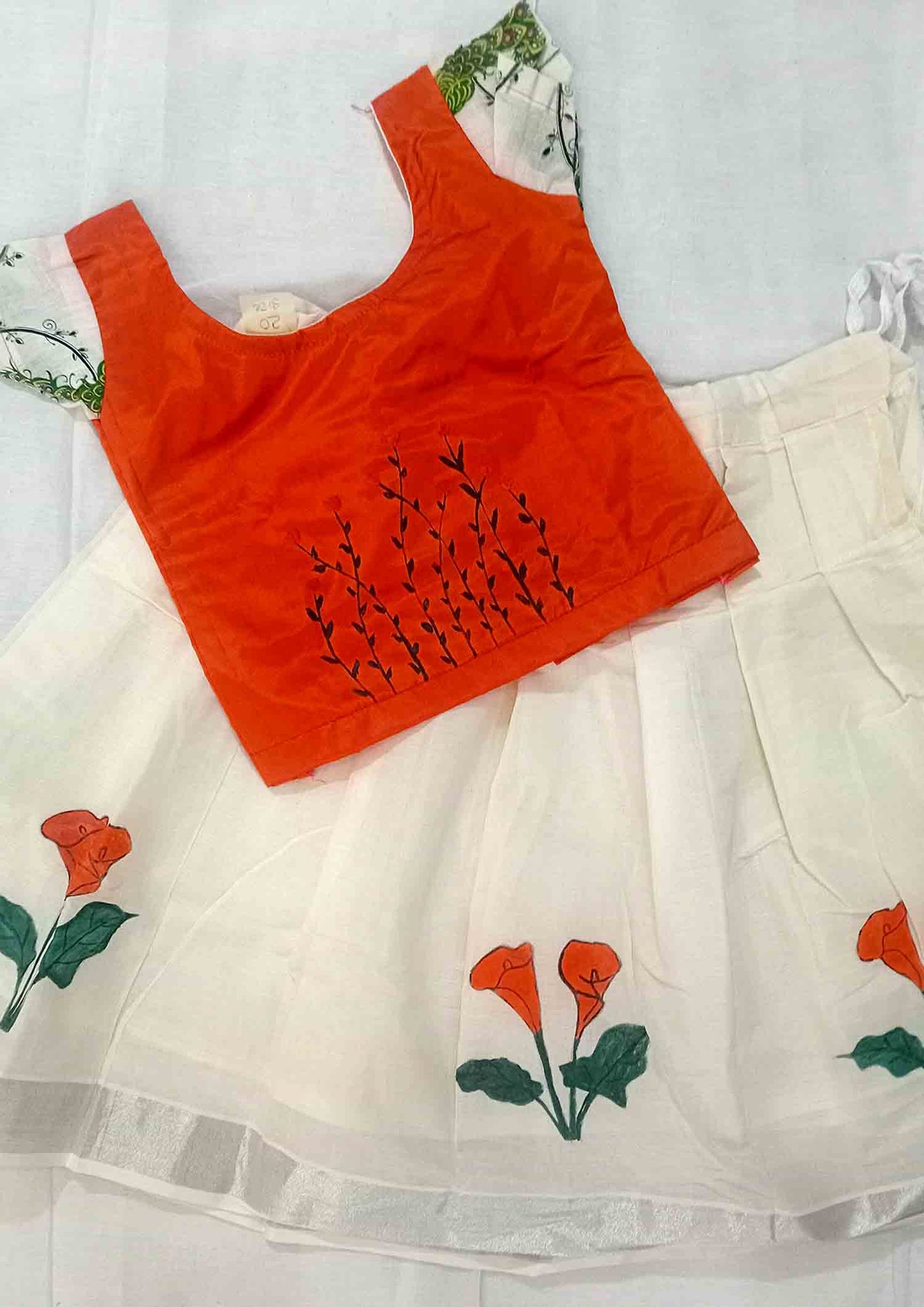 Flower design hand mural painting kerala pattu pavada with orange blouse for kids