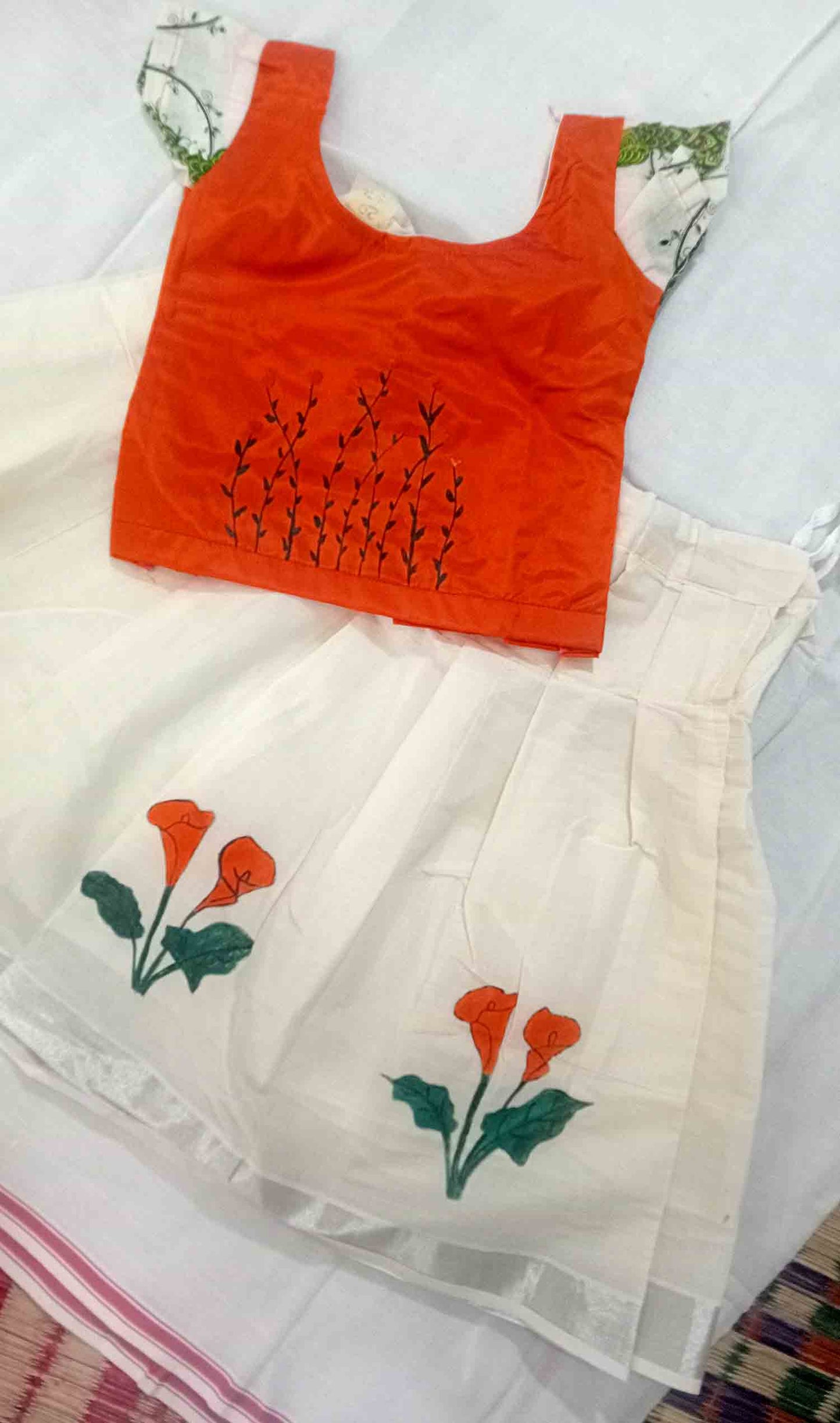 Flower design hand mural painting kerala pattu pavada with orange blouse for kids