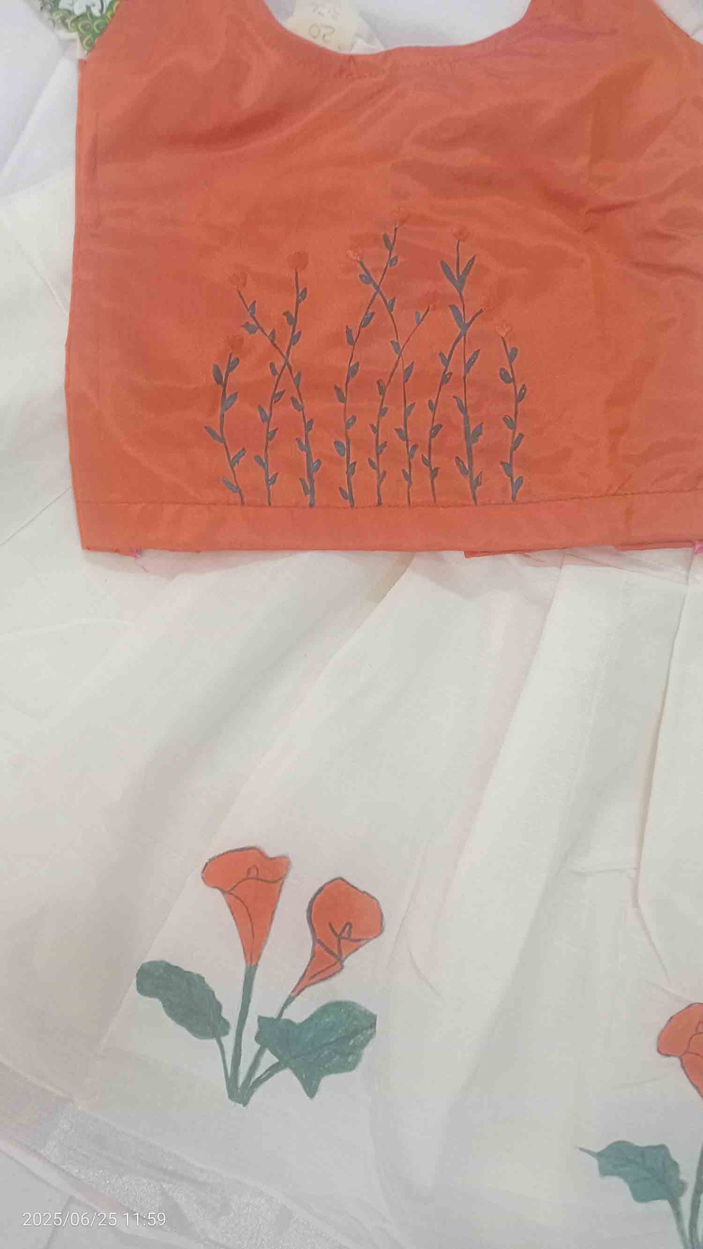Flower design hand mural painting kerala pattu pavada with orange blouse for kids