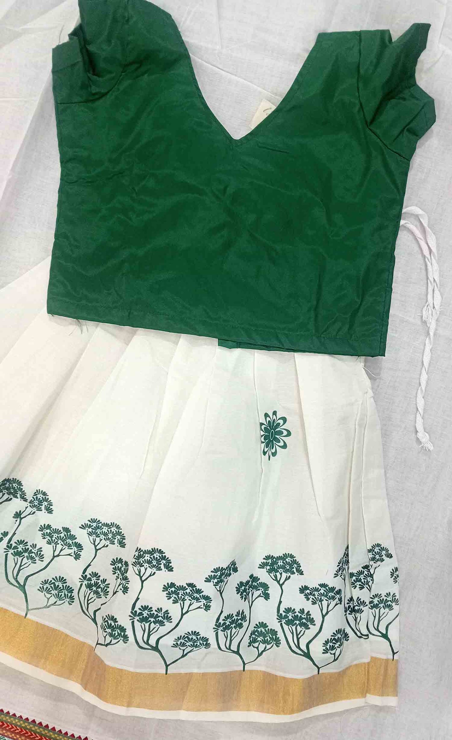 Tree printed design kerala pattu pavada with green blouse for kids