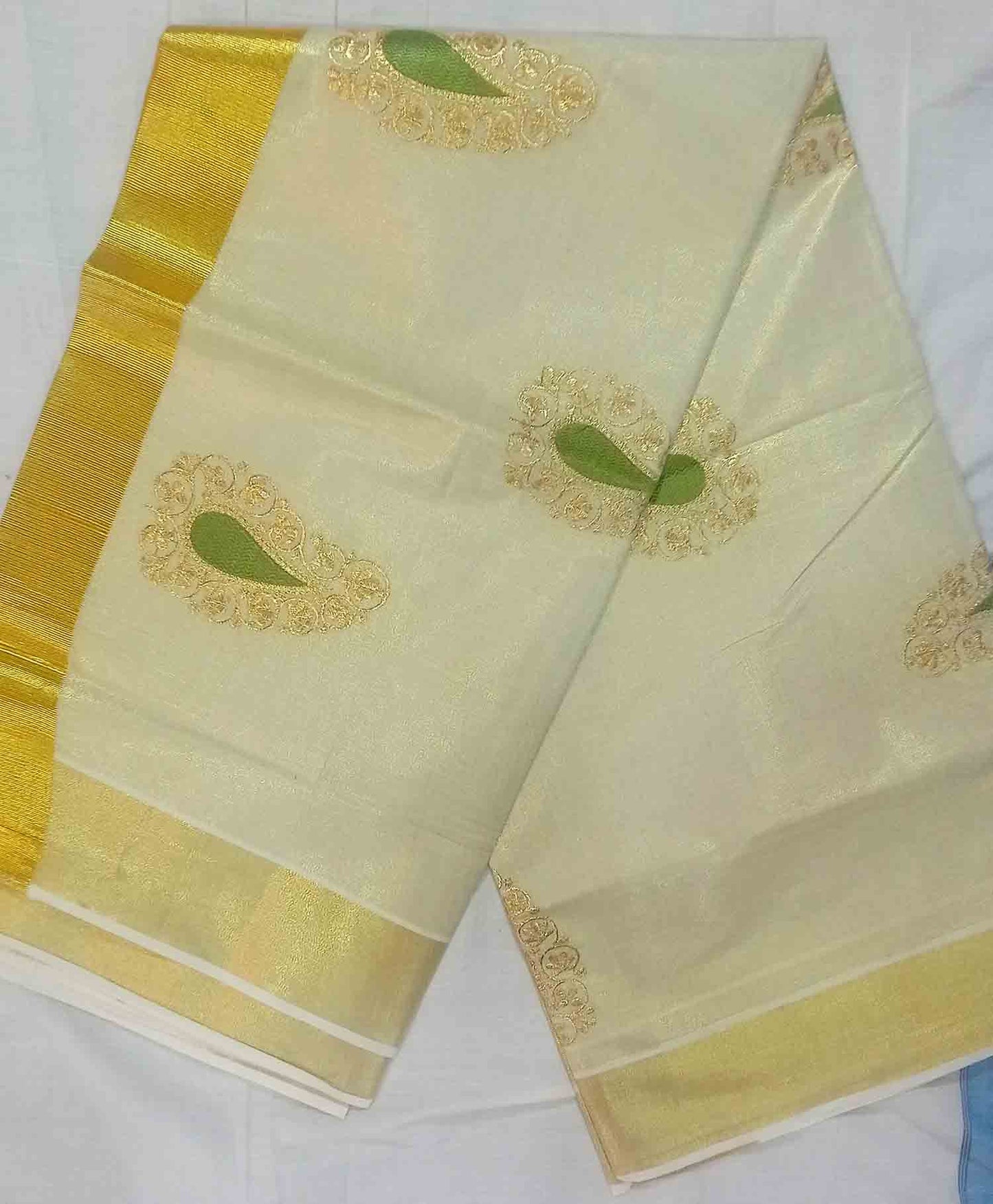 Mango embroidery designer kerala golden tissue kasavu saree