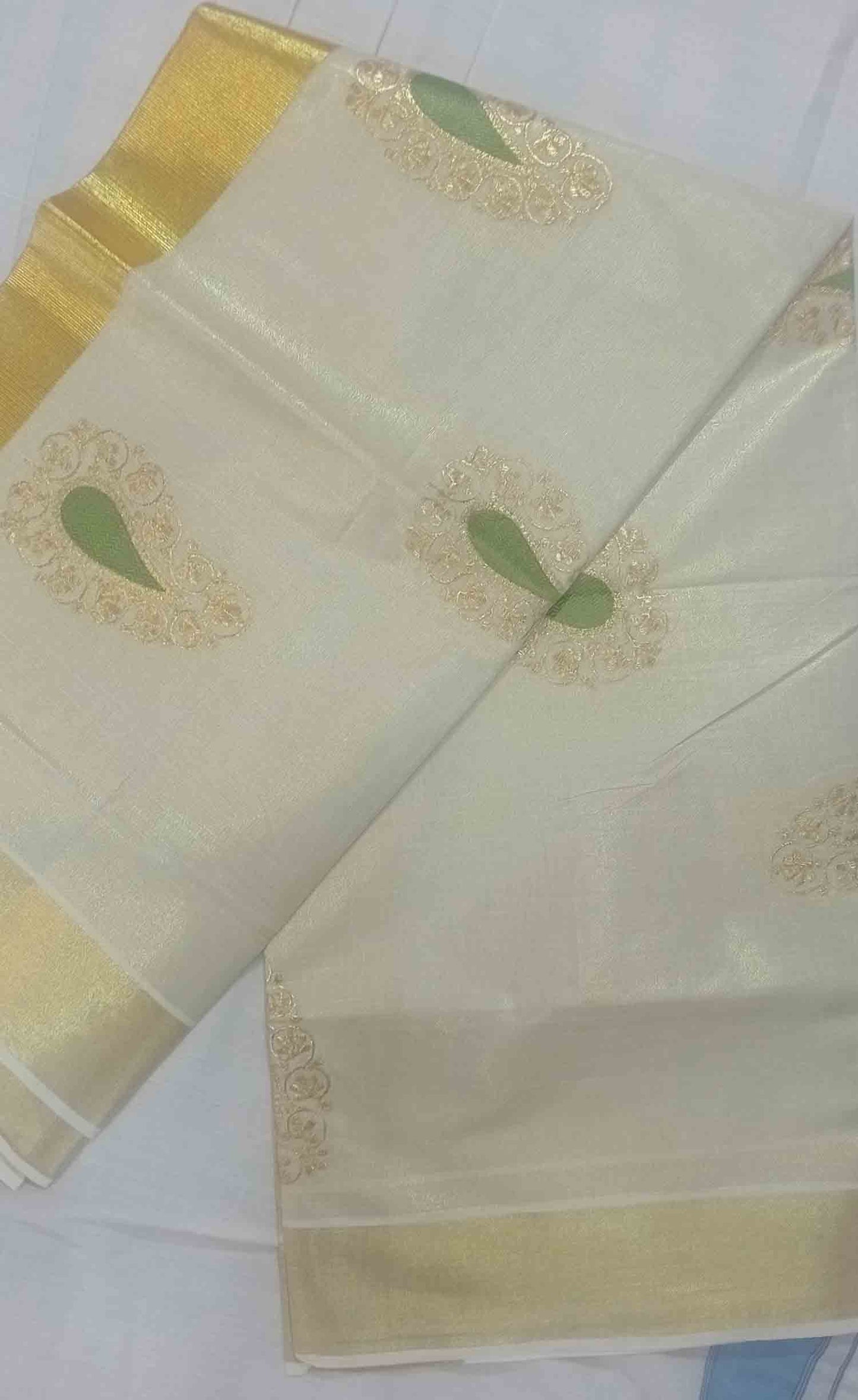 Mango embroidery designer kerala golden tissue kasavu saree