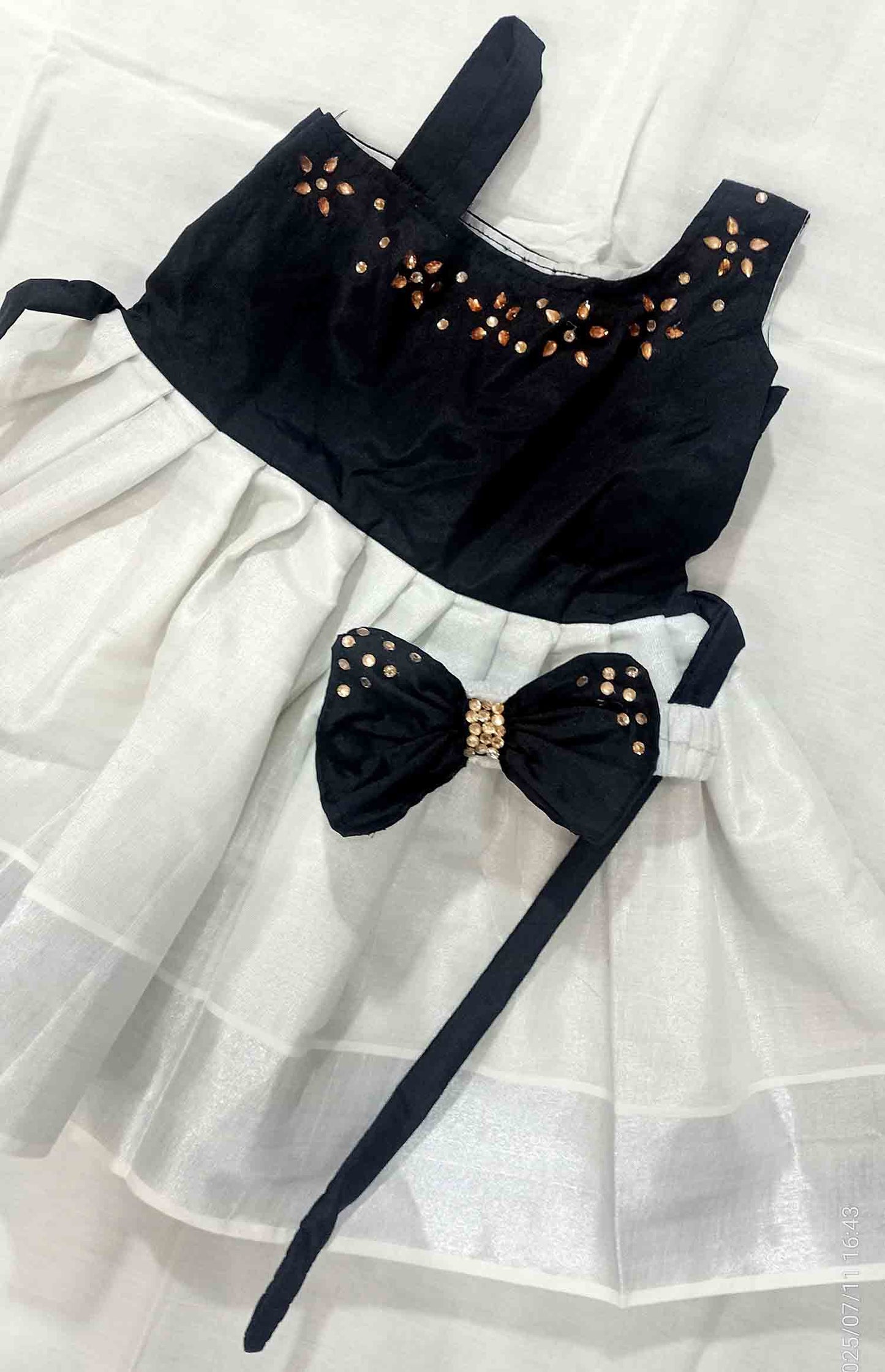 Black hand work designer kerala silver tissue girls frock with hair band for kids