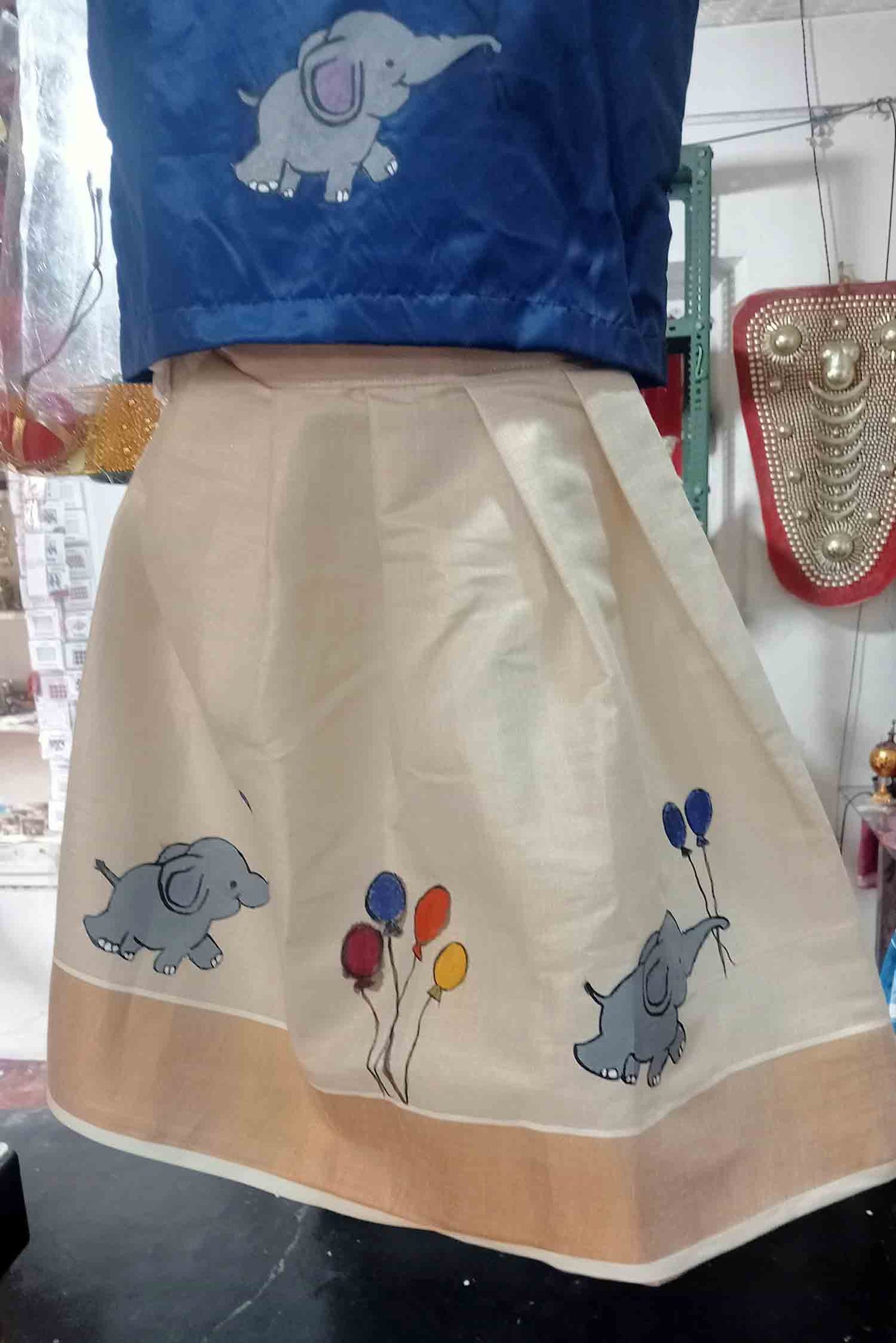 Elephant and balloon designer hand mural painting kerala pattu pavada for kids