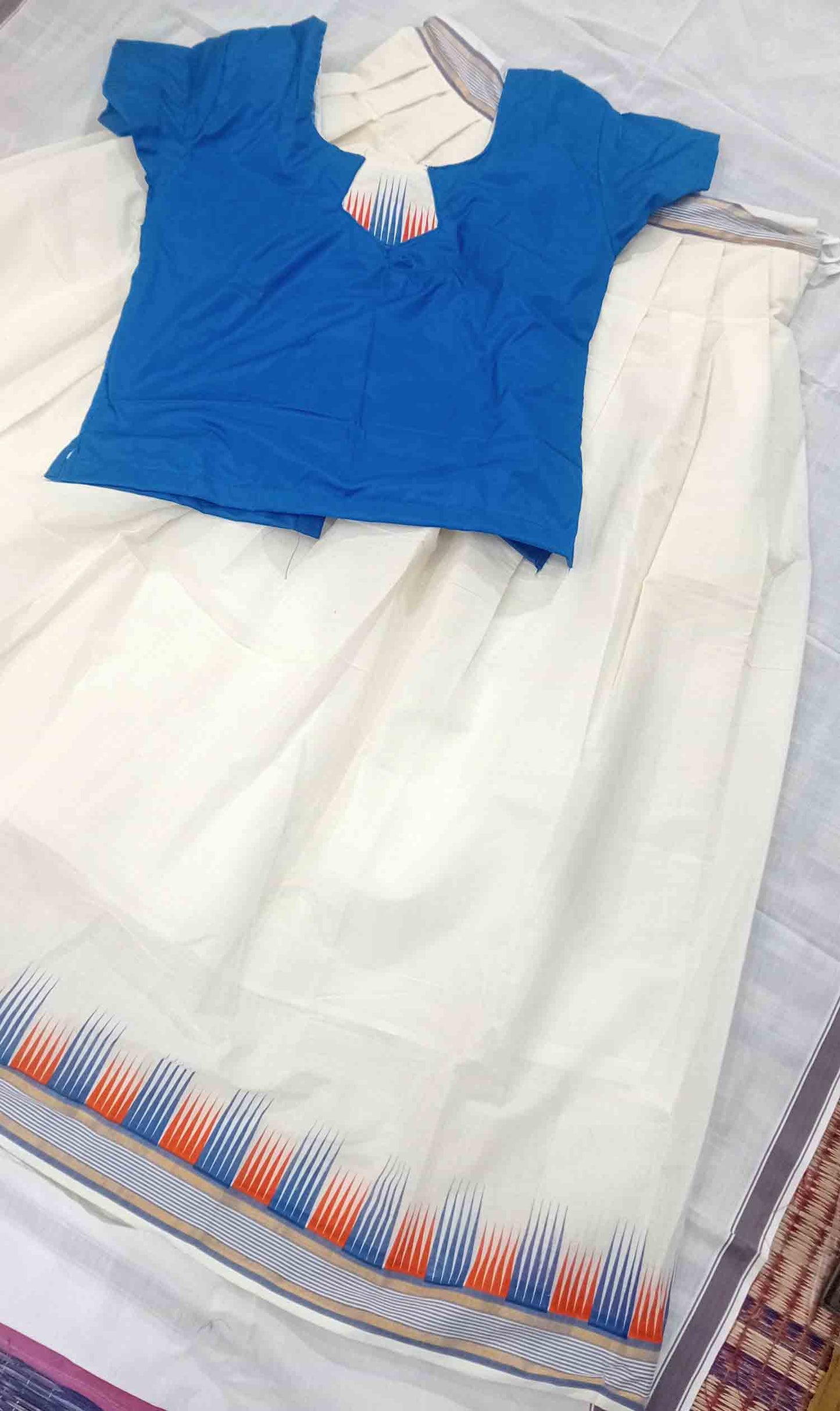 Designer temple border kerala pattu pavada with blue blouse for women