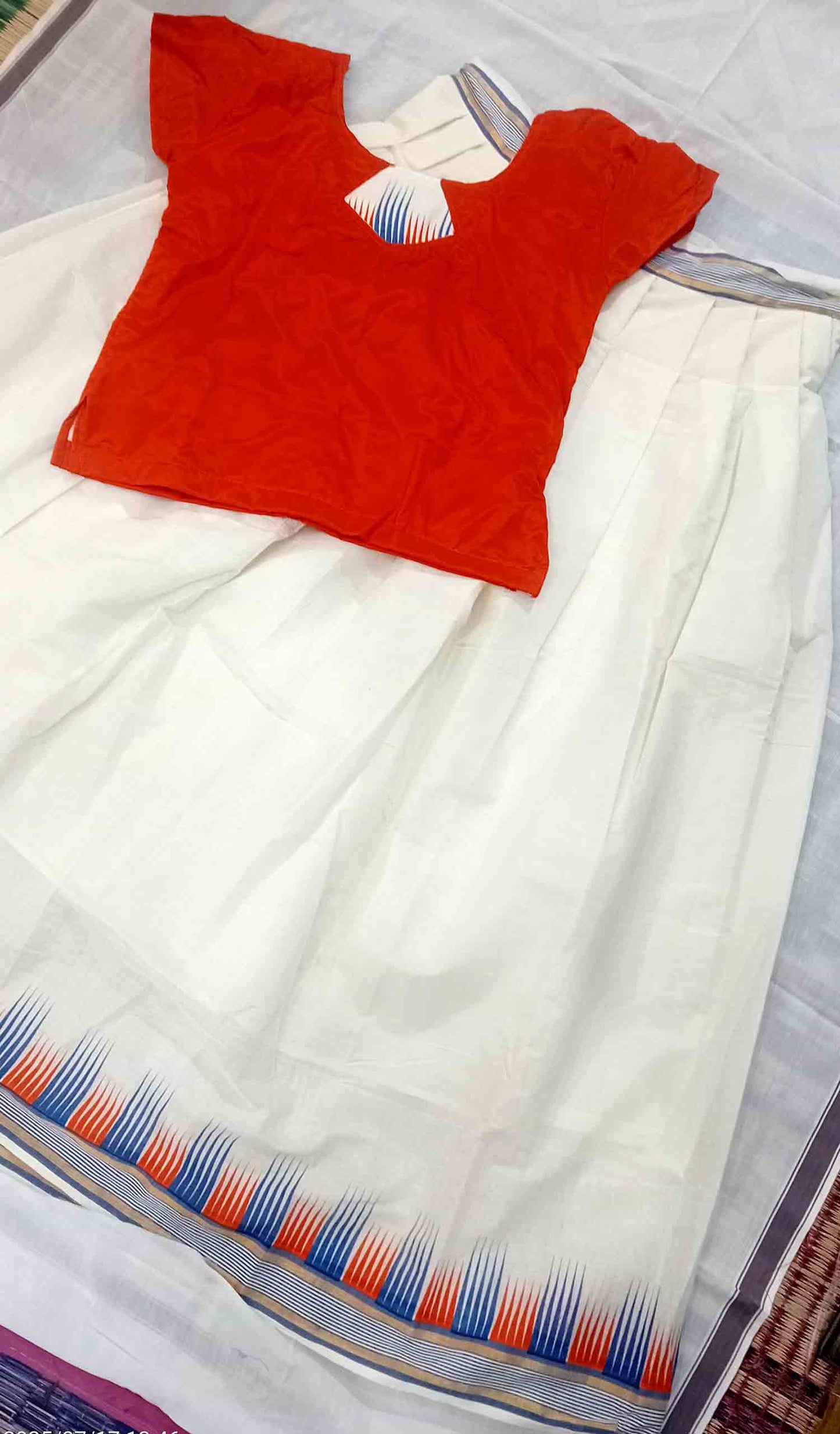 Designer temple border kerala pattu pavada with red blouse for women