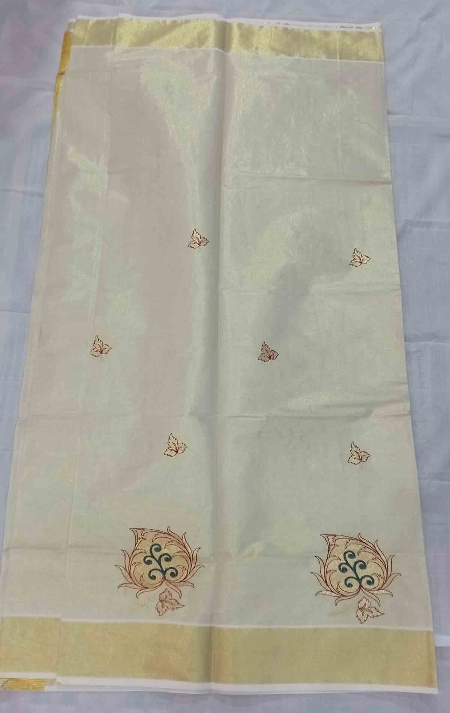 Leaf embroidery designer kerala tissue kasavu saree