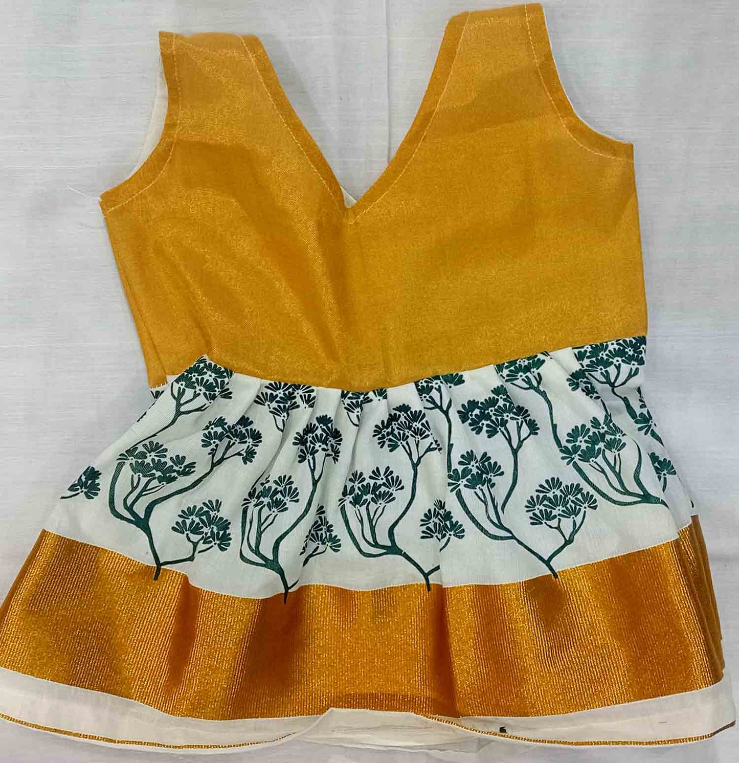 Printed green tree design kerala kasavu frock for kids