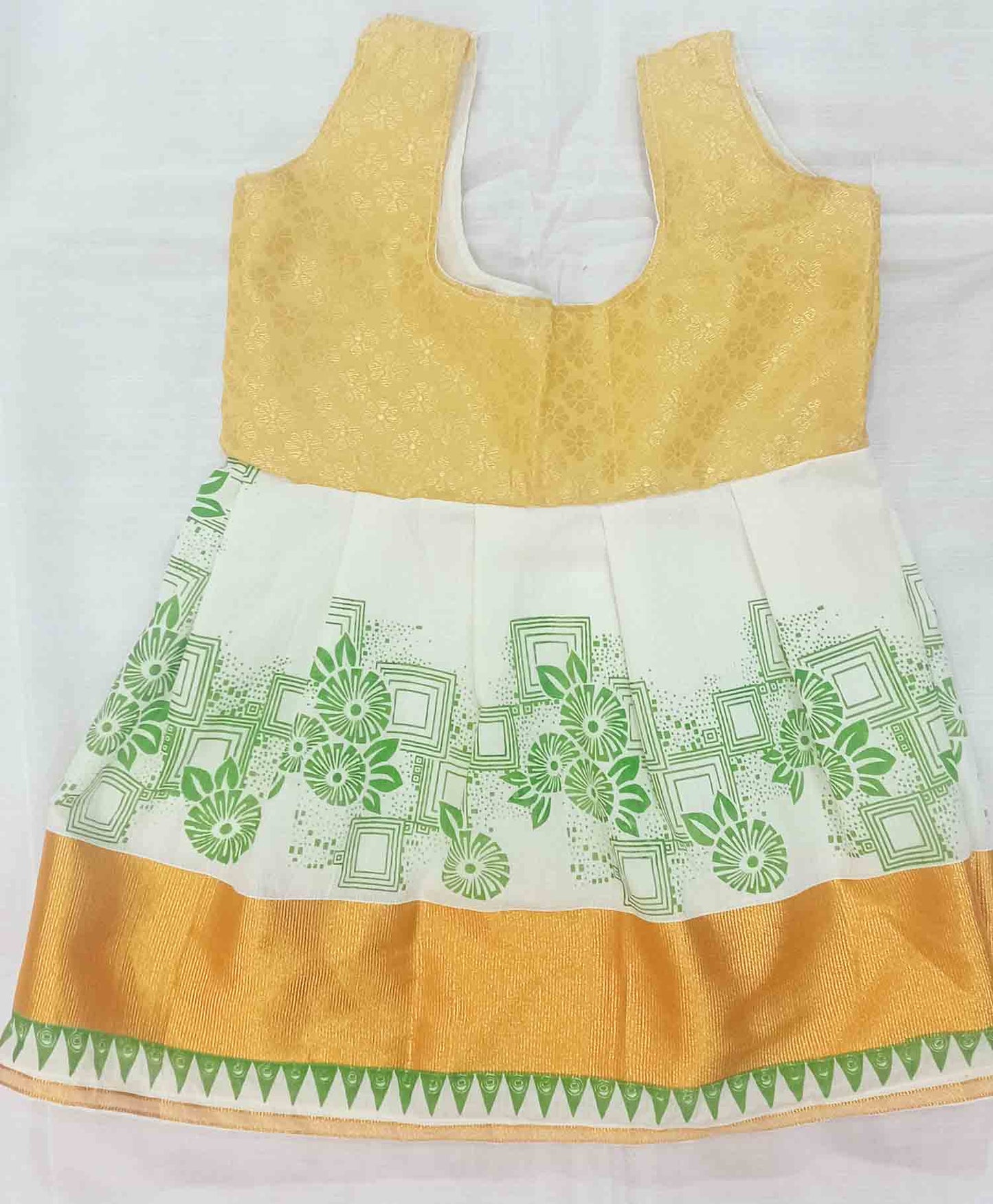 Green flower printed design on kerala kasavu frock for kids