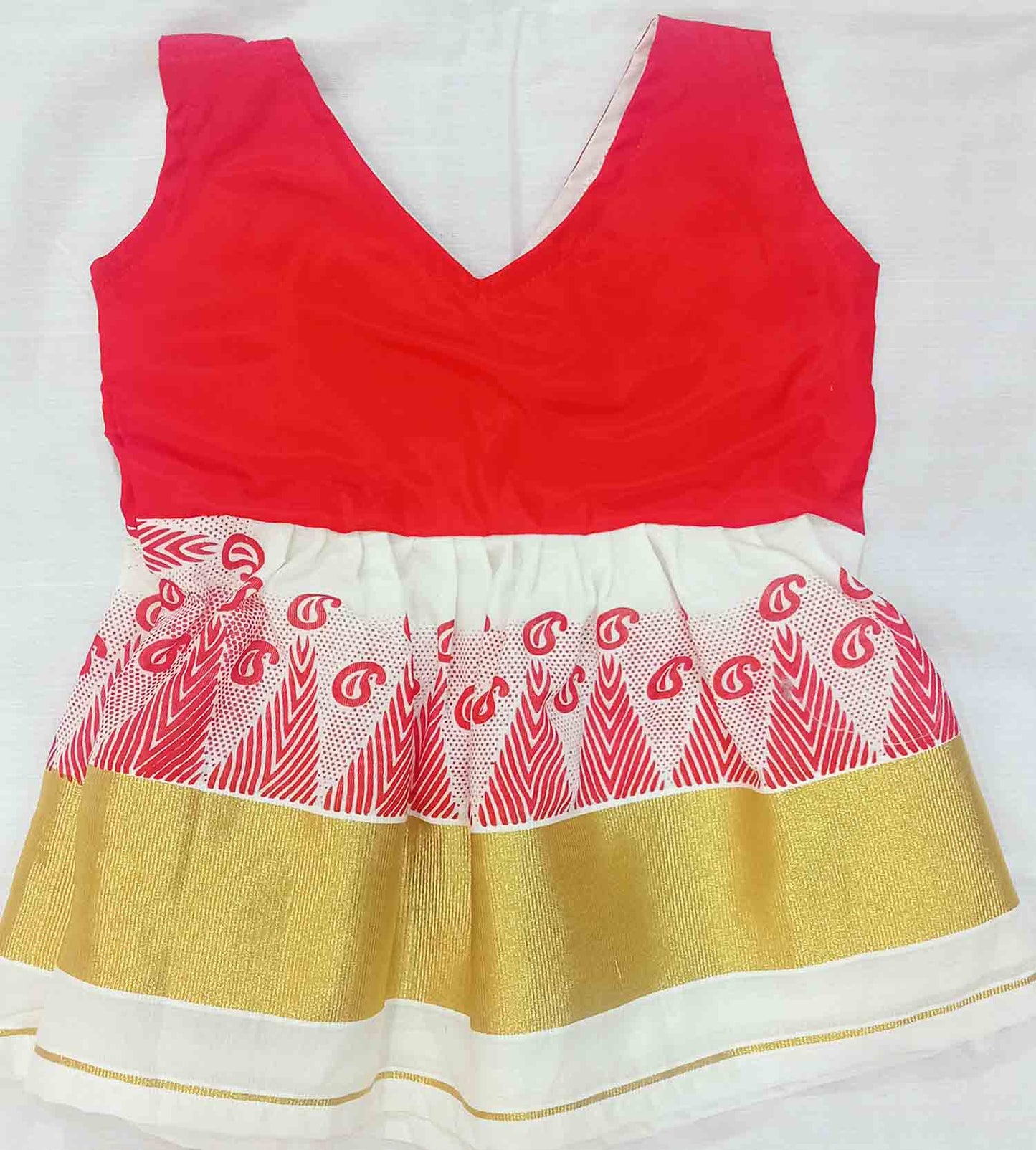 Printed red temple and mango border design kerala kasavu frock for kids