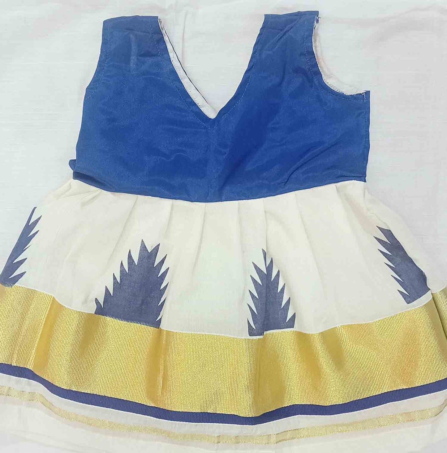 Printed blue temple border design kerala kasavu frock for kids