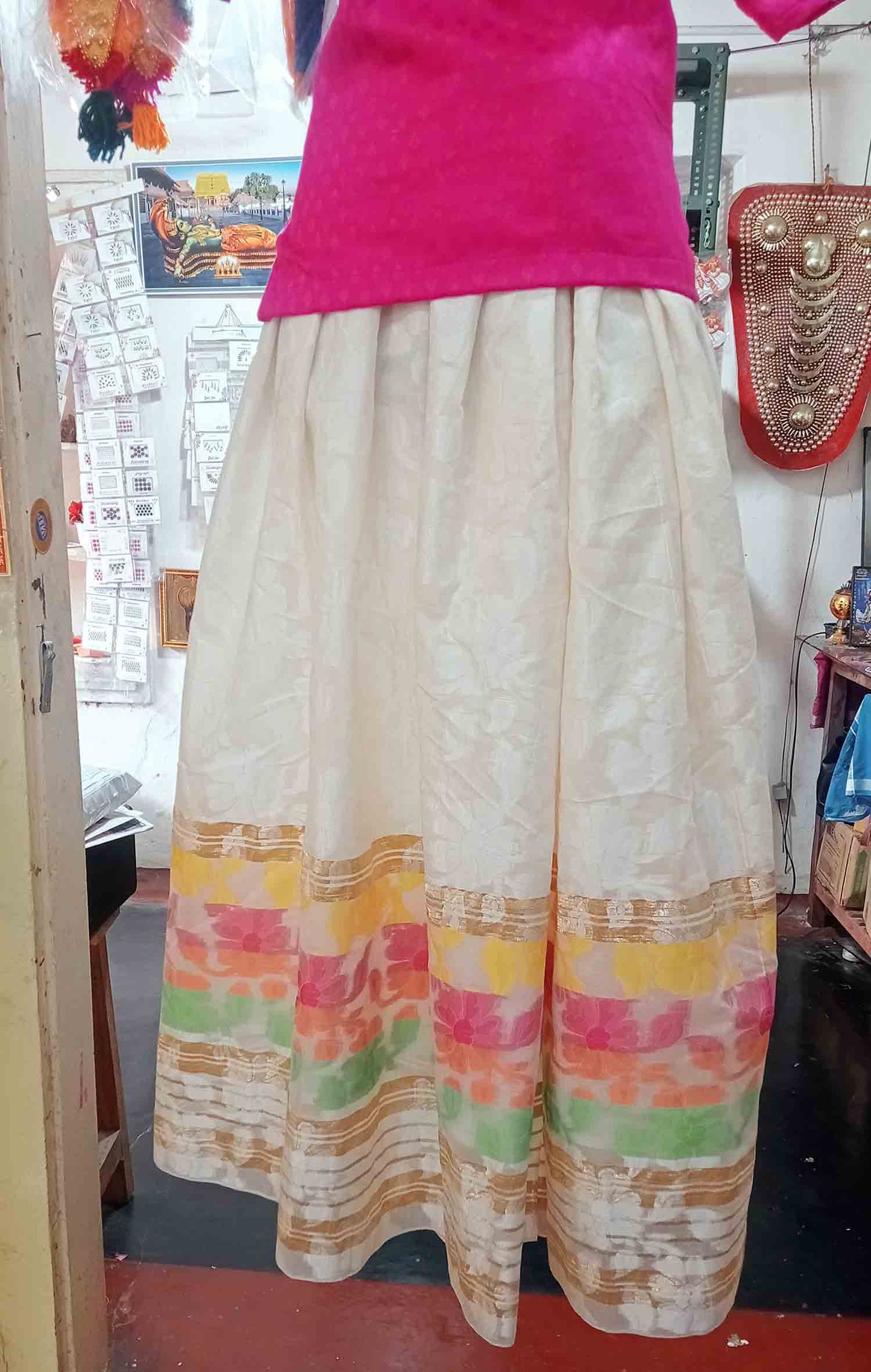 Designer colourful kerala kasavu pattu pavada with magenta blouse for women