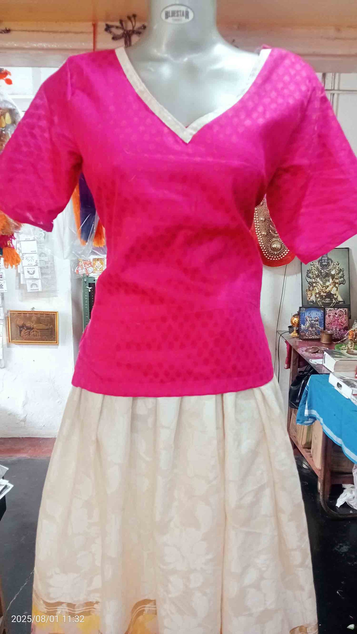 Designer colourful kerala kasavu pattu pavada with magenta blouse for women