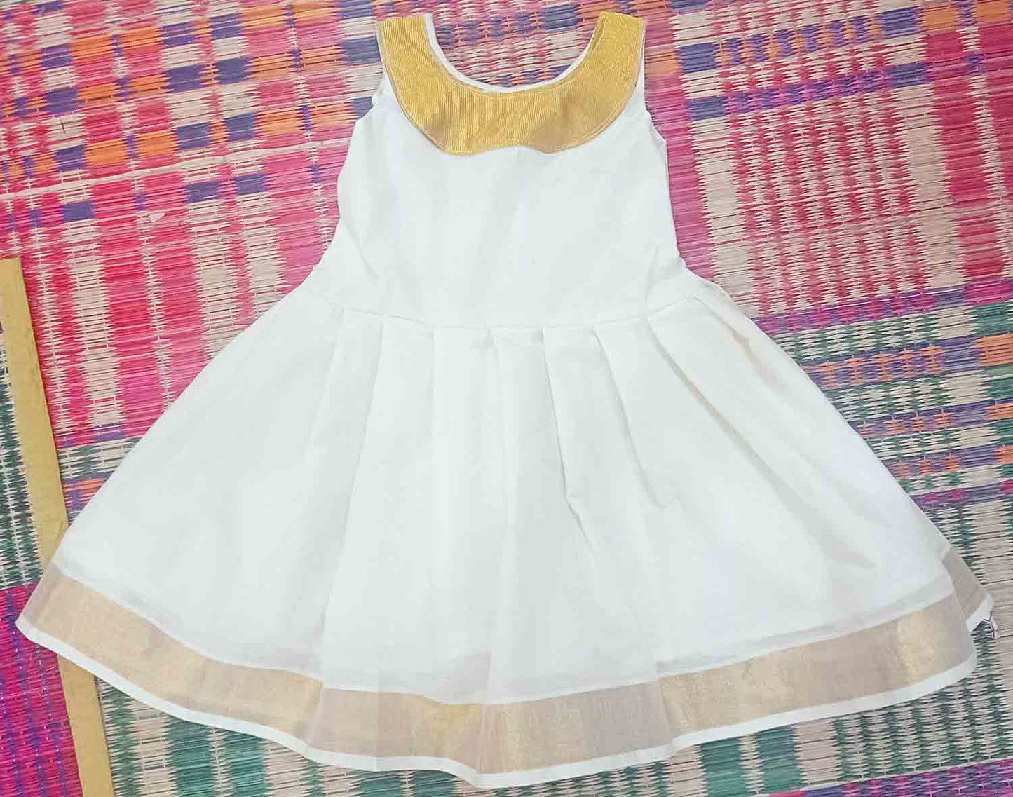 Kerala kasavu frock with golden lace design for kids