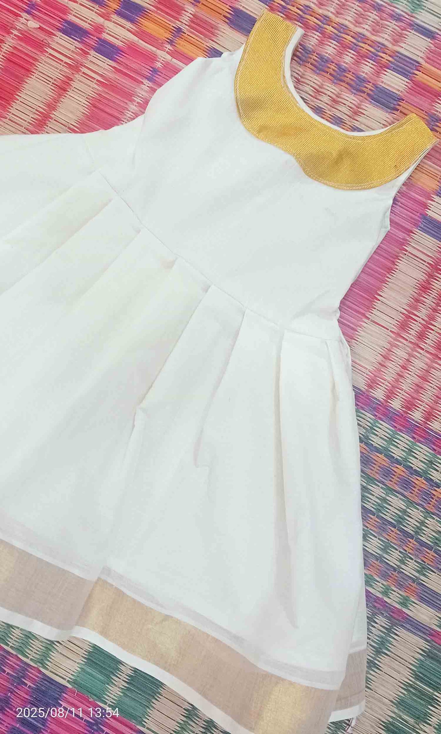Kerala kasavu frock with golden lace design for kids