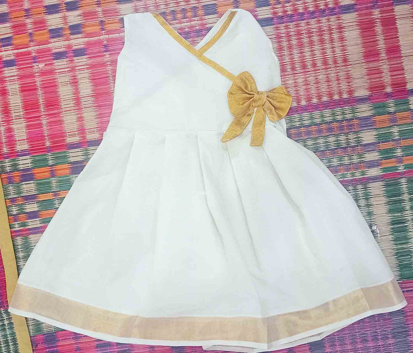 Kerala kasavu frock with bow desgn for kids