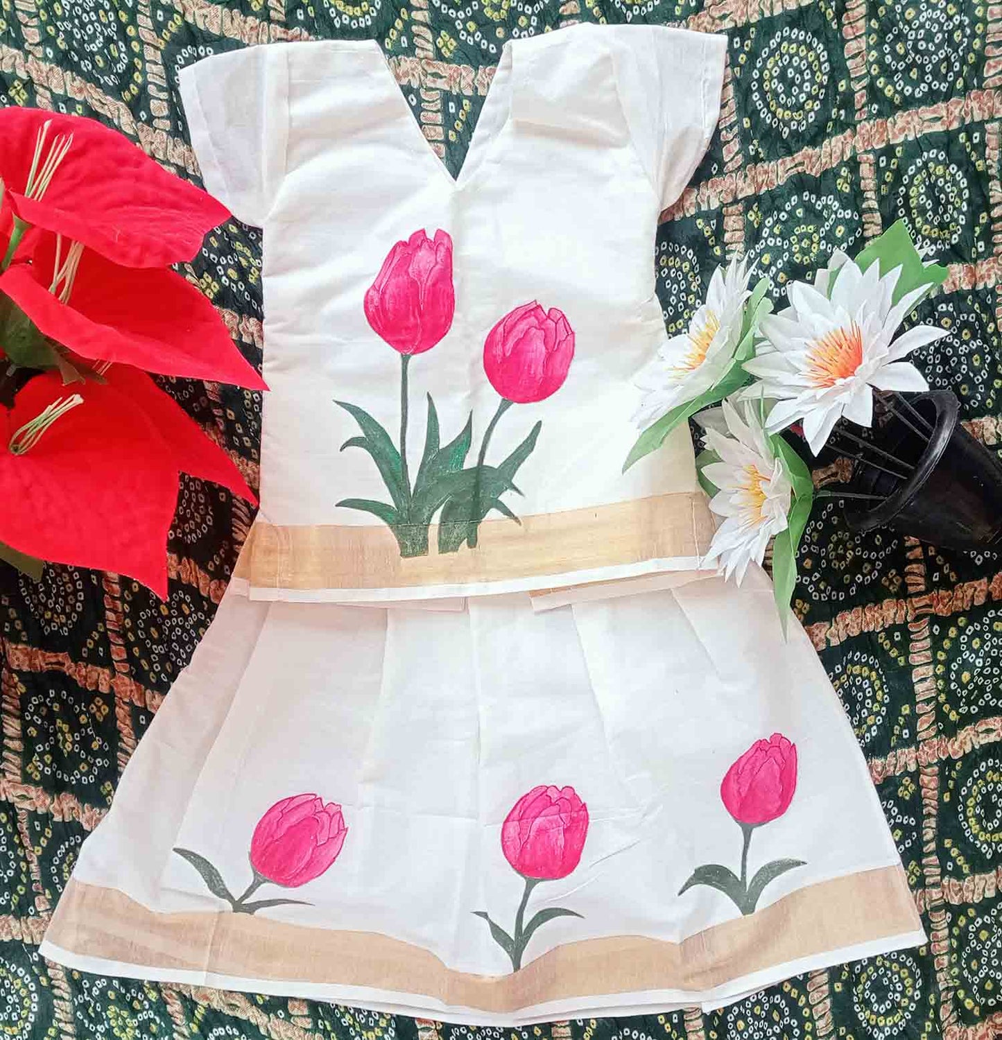 Rose flower designer hand mural painting kerala pattu pavada for kids