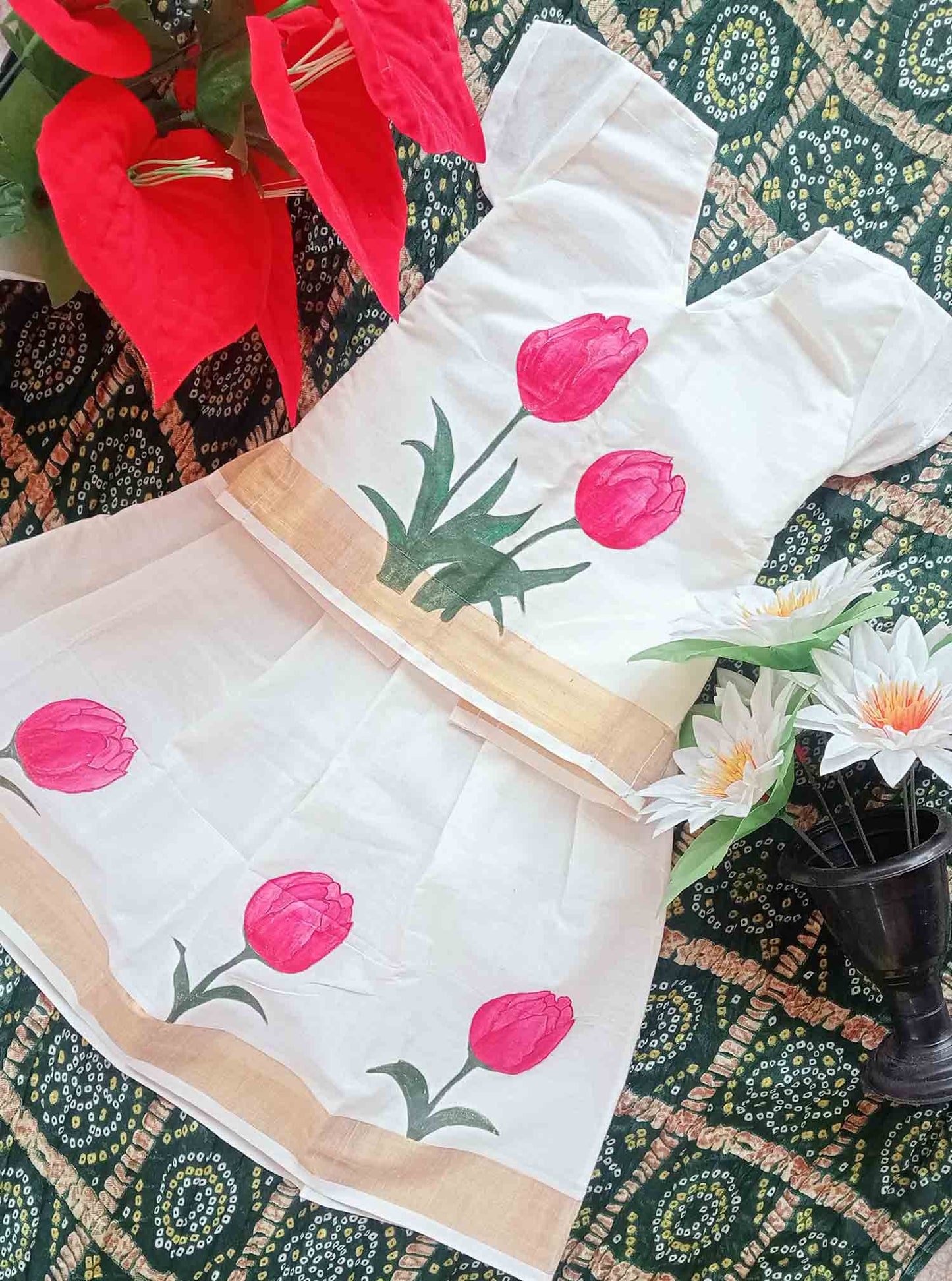 Rose flower designer hand mural painting kerala pattu pavada for kids