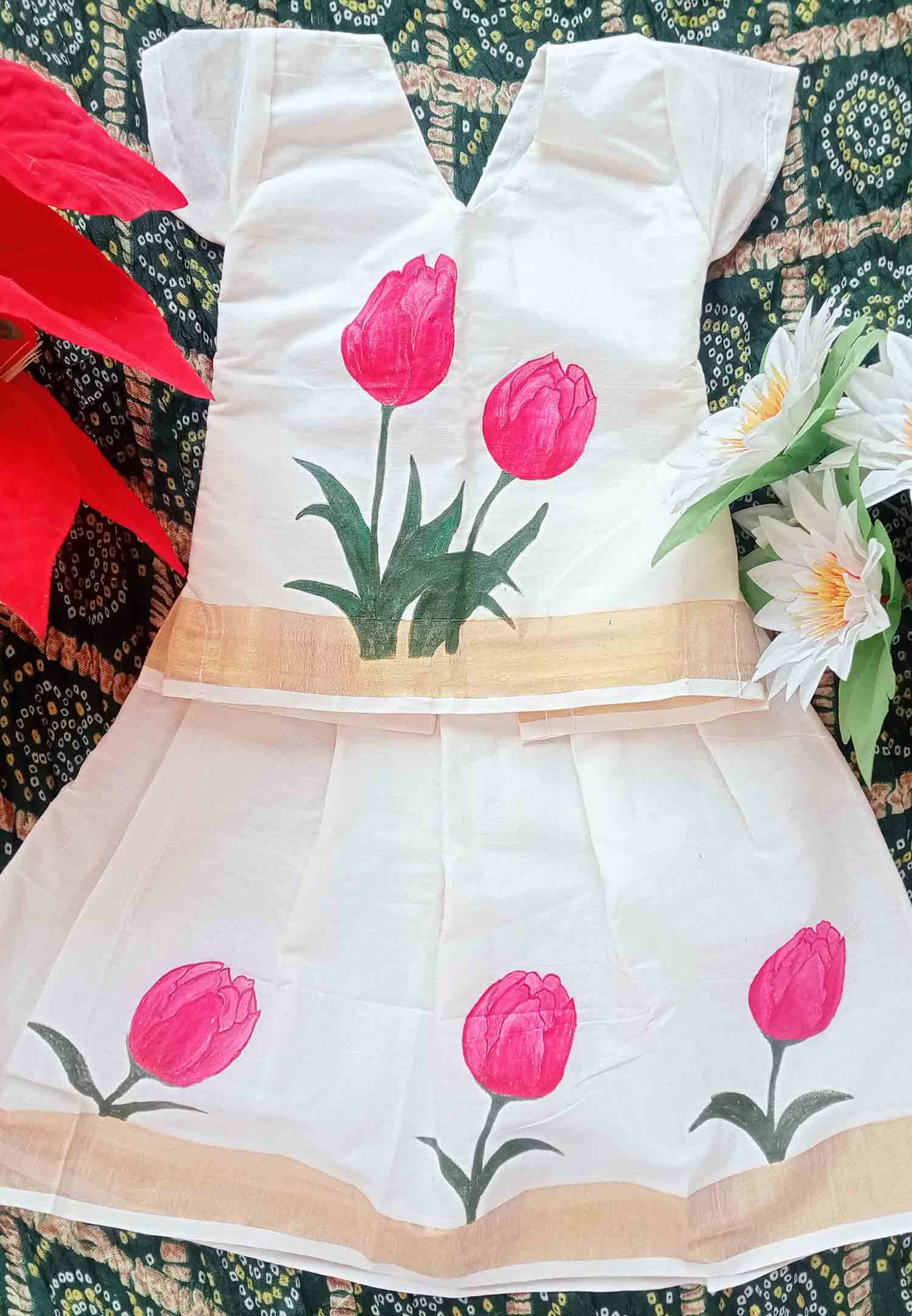 Rose flower designer hand mural painting kerala pattu pavada for kids