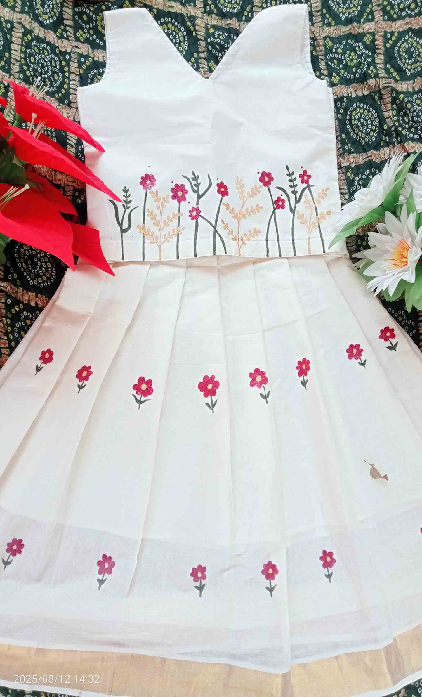 Flower and golden leaf designer hand mural painting kerala pattu pavada for kids