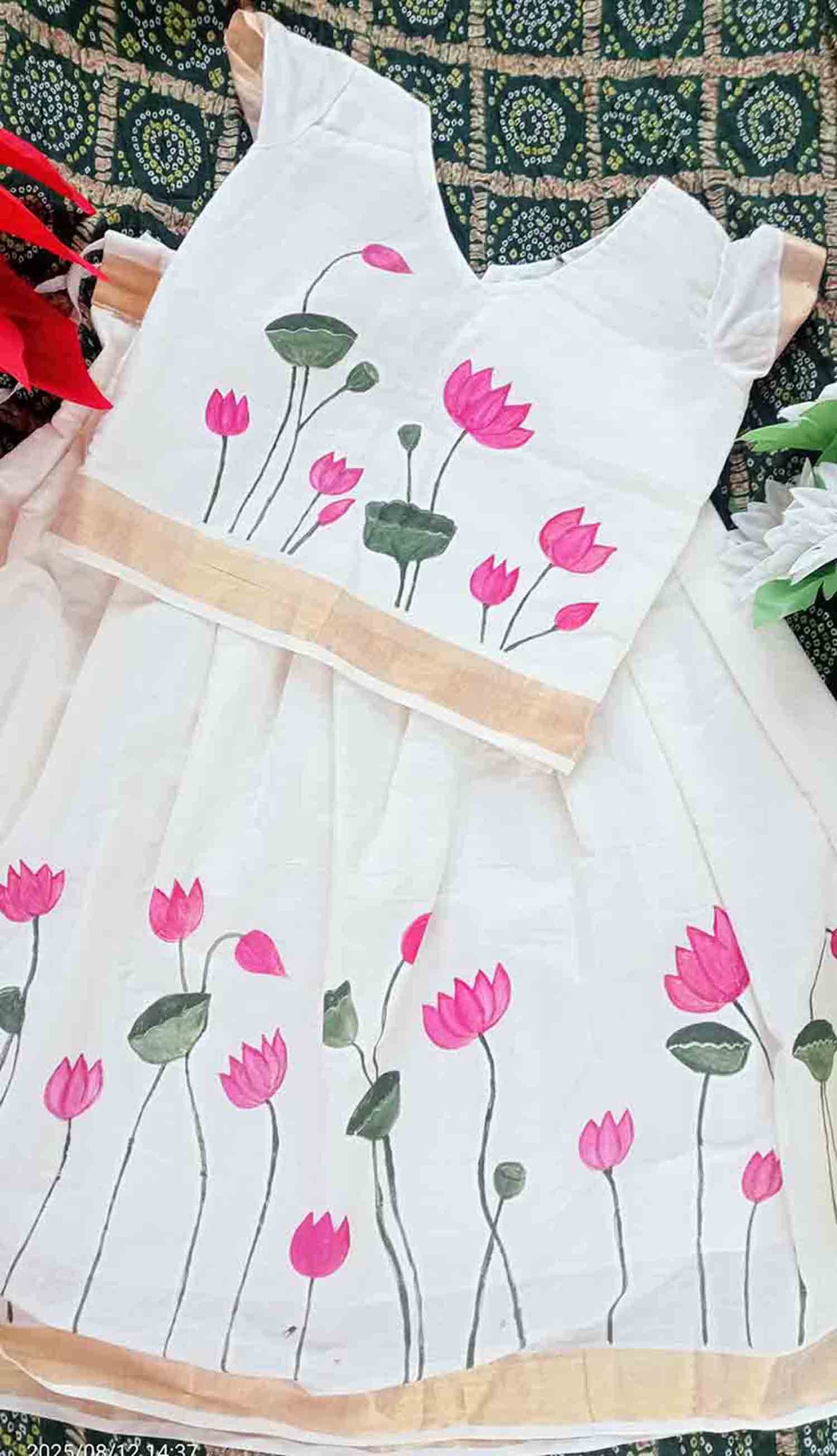 Lotus and leaf designer hand mural painting kerala kasavu pattu pavada for kids