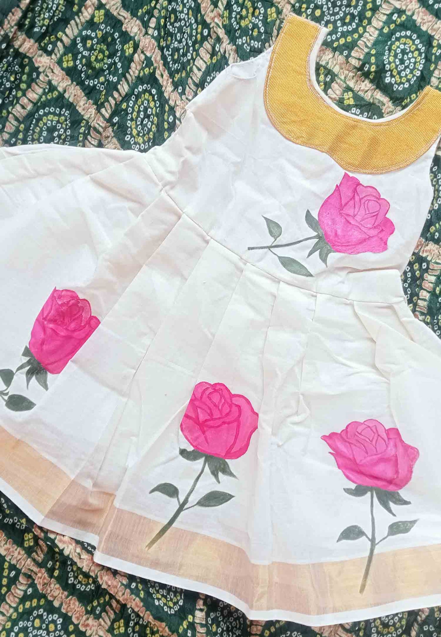 Rose hand mural painting with lace design kerala kasavu frock for kids