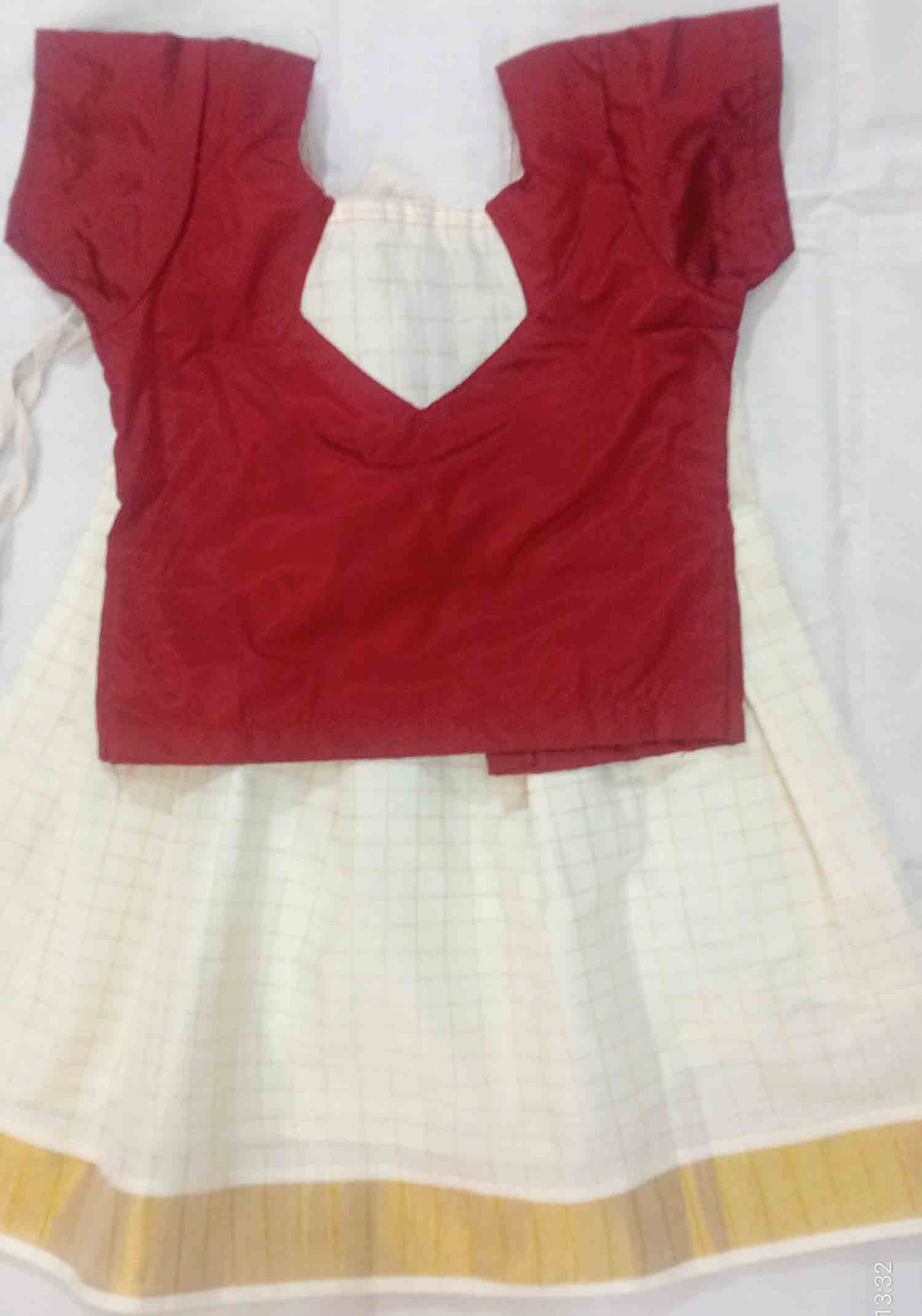 Line design kerala pattu pavada with maroon blouse for kids