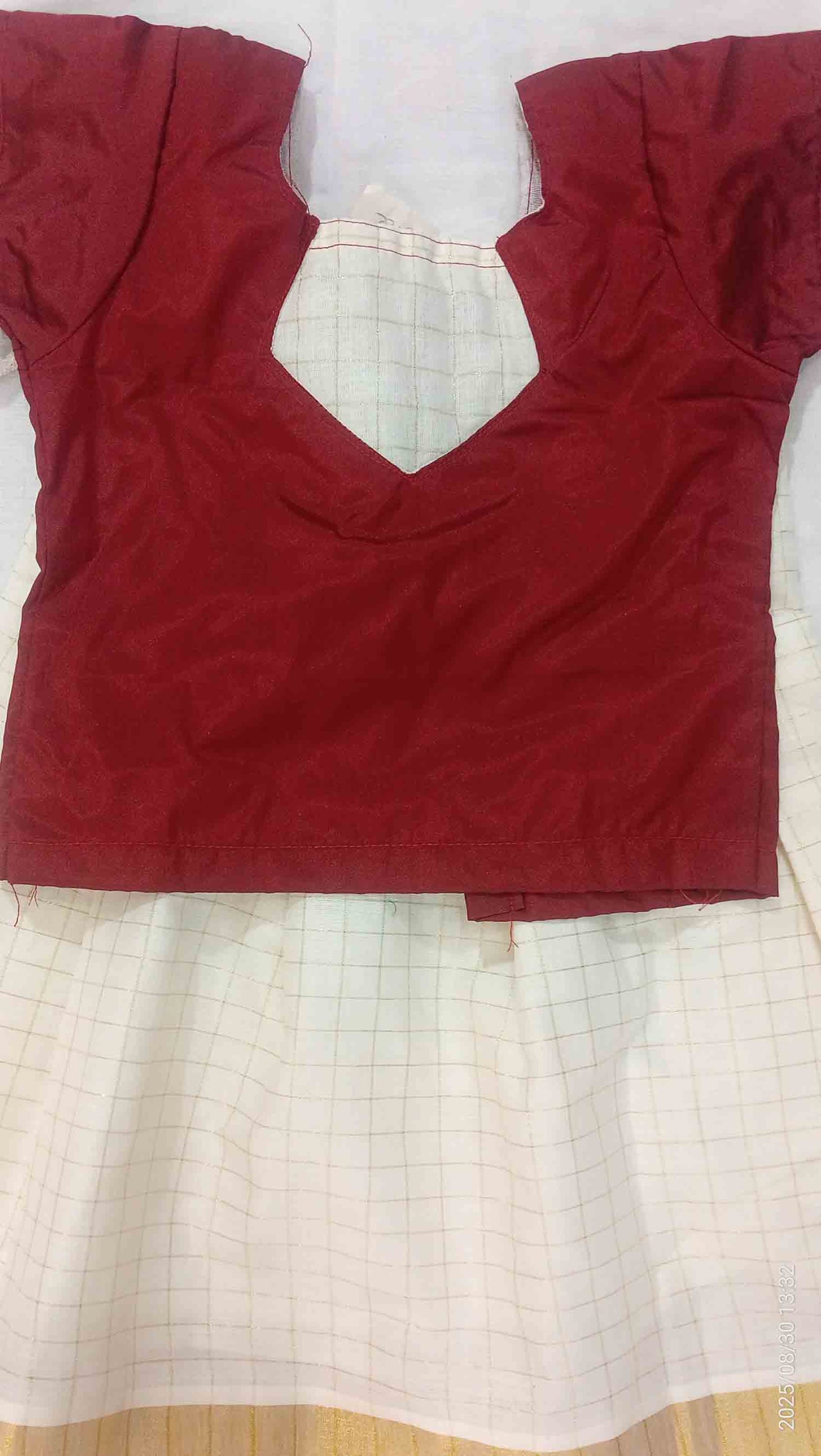 Line design kerala pattu pavada with maroon blouse for kids