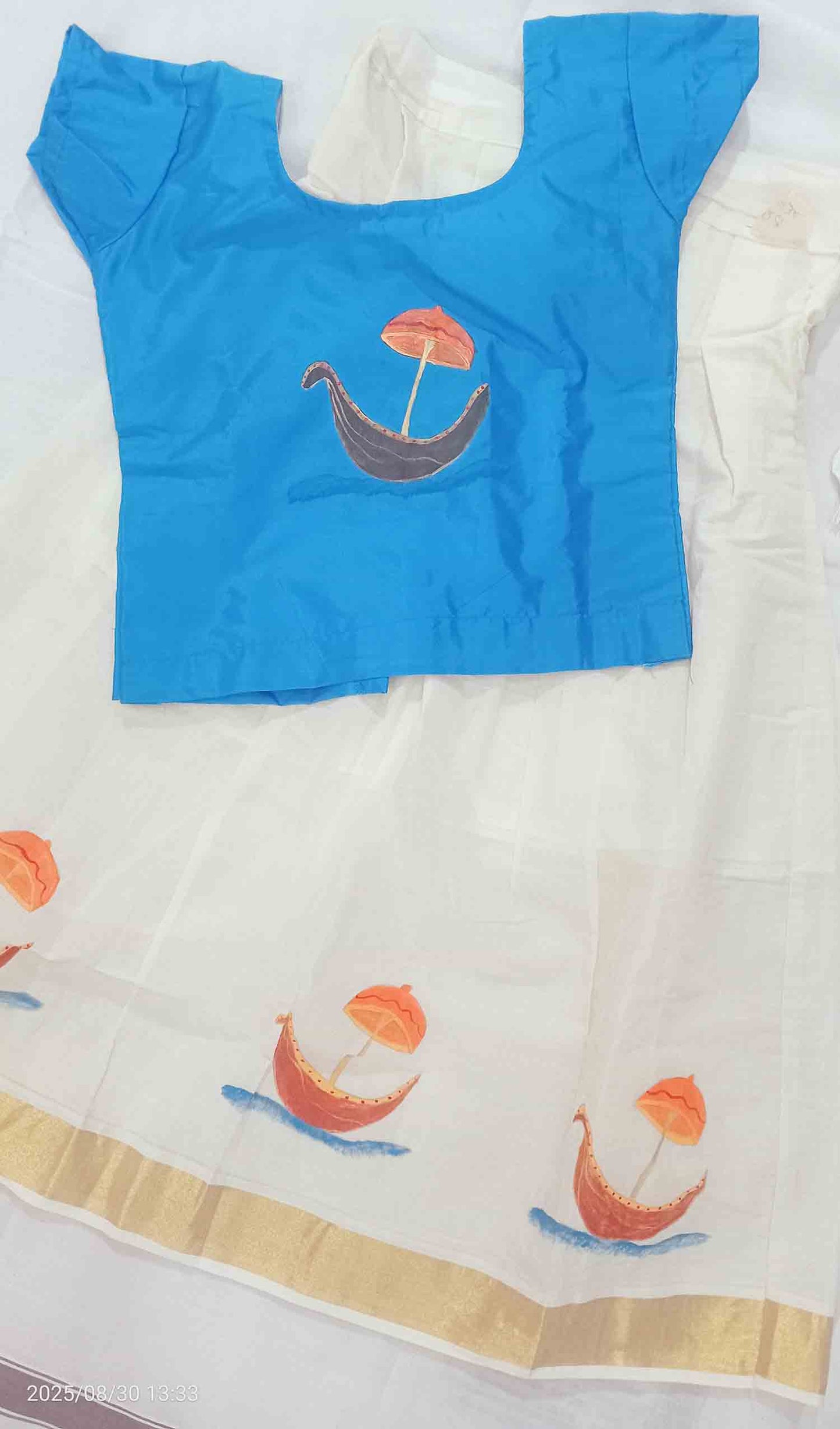 Hand mural painting boat design kerala kasavu pattu pavada for kids