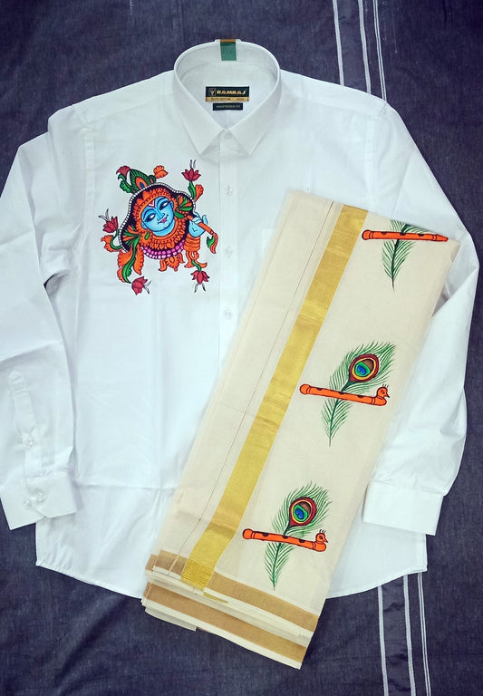 Blue face krishna hand mural painting on white cotton shirt with peeli mundu