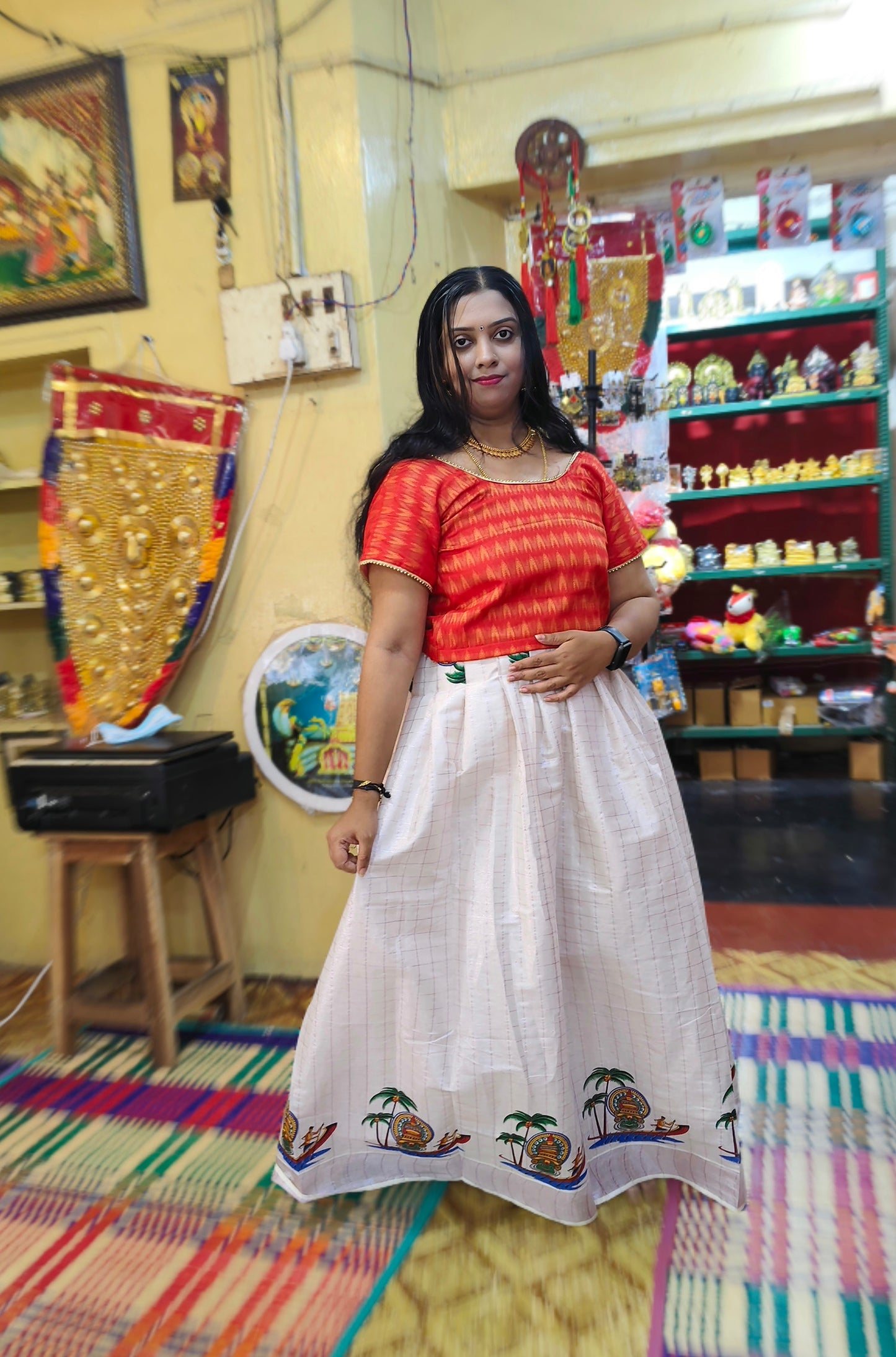 Designer kathakali with boat print kerala tissue pattu pavada with blouse for women
