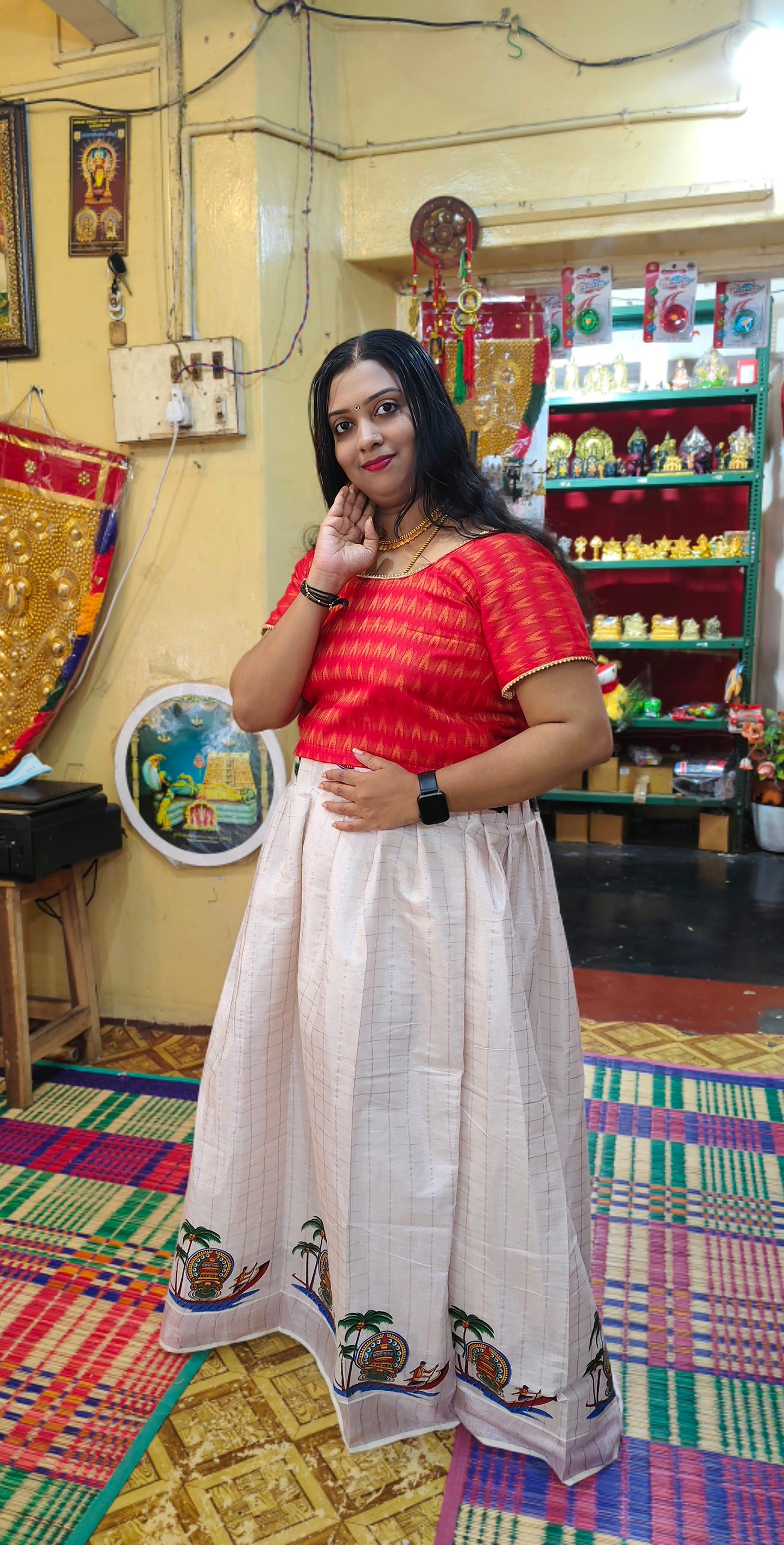 Designer kathakali with boat print kerala tissue pattu pavada with blouse for women