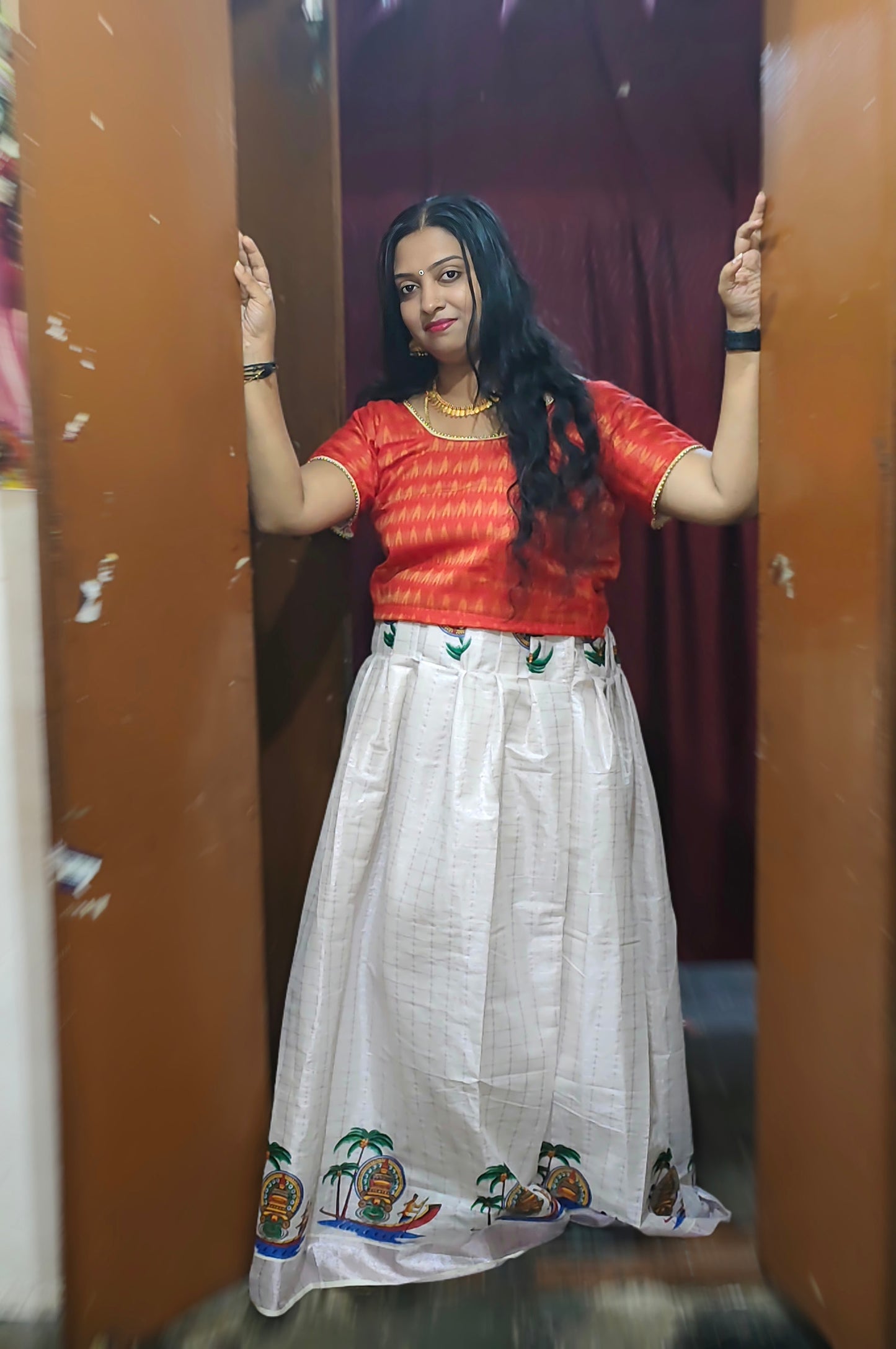 Designer kathakali with boat print kerala tissue pattu pavada with blouse for women