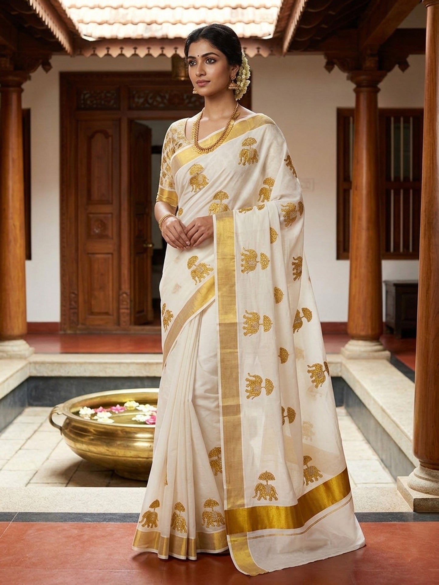 Elephant design embroidery kerala cotton kasavu saree for women