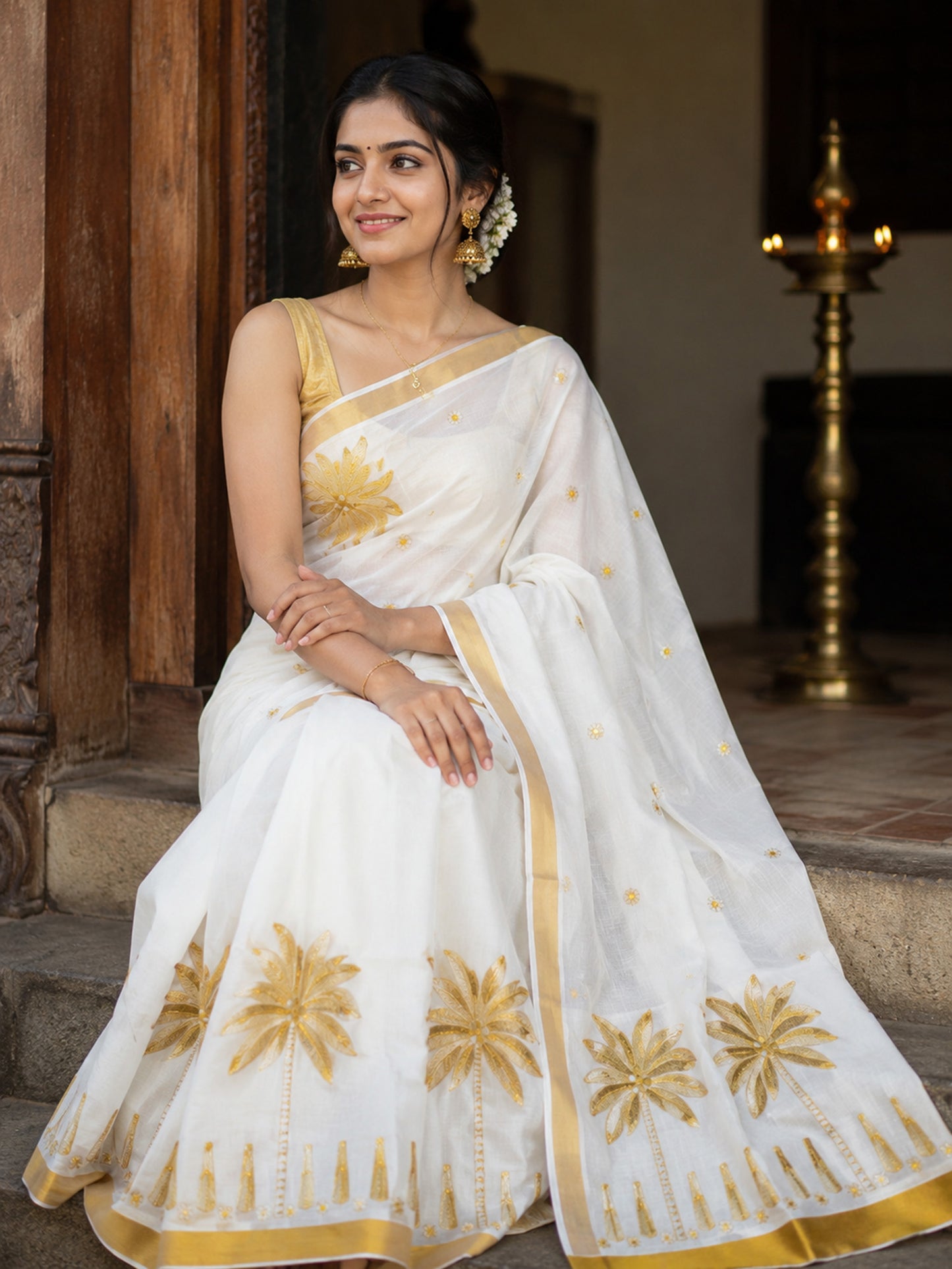 Coconut design embroidery kerala cotton kasavu saree for women