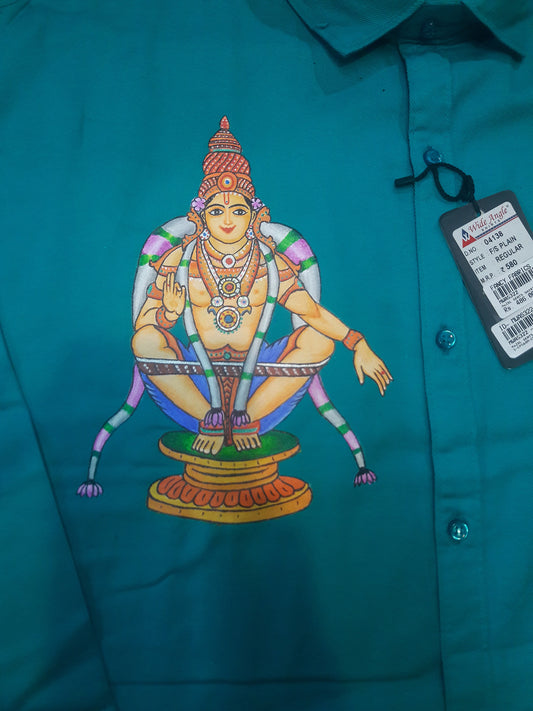 Swami ayyappa hand mural painting on blue cotton shirt
