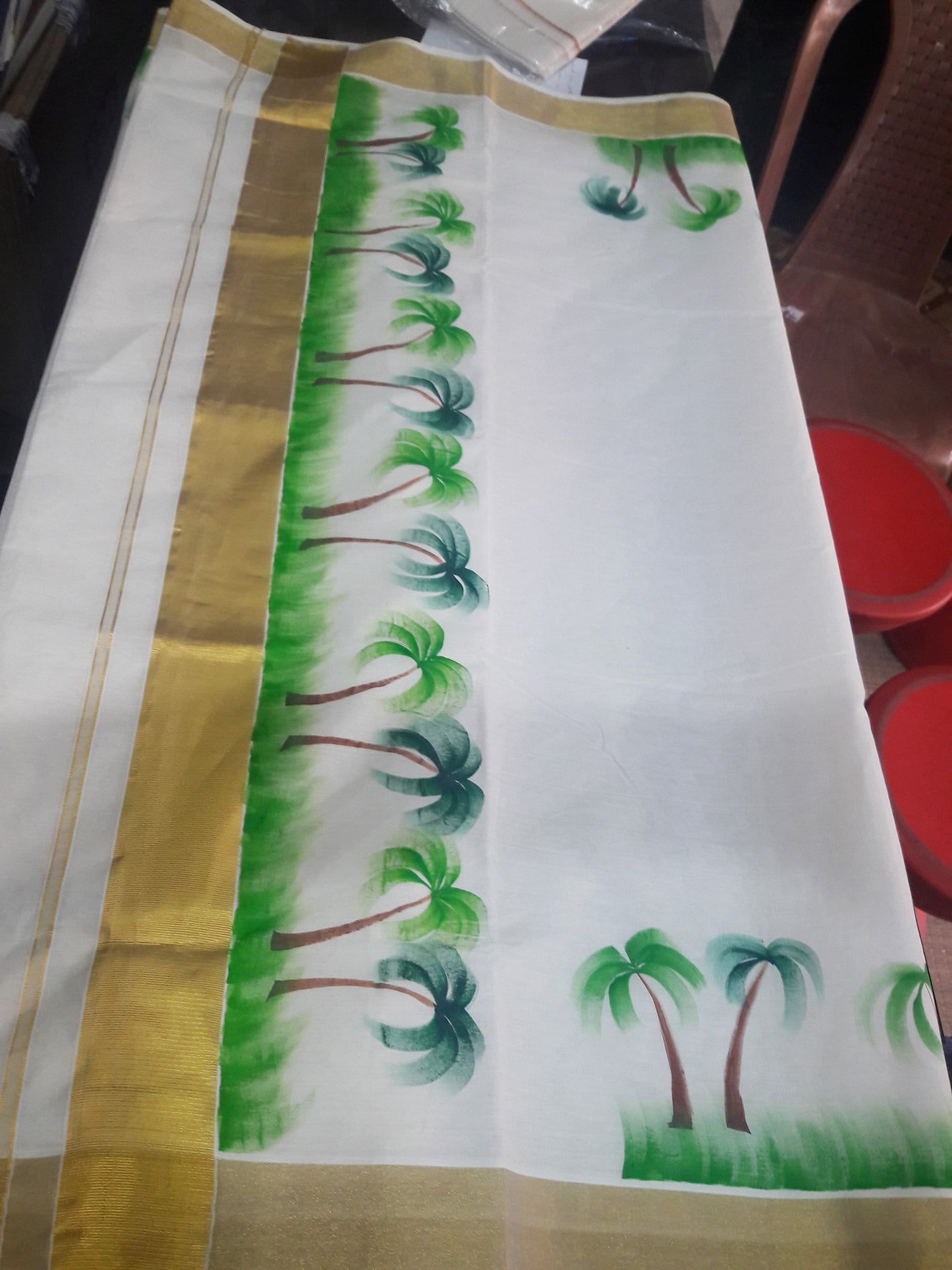 Coconut tree hand drawing kerala kasavu cotton saree