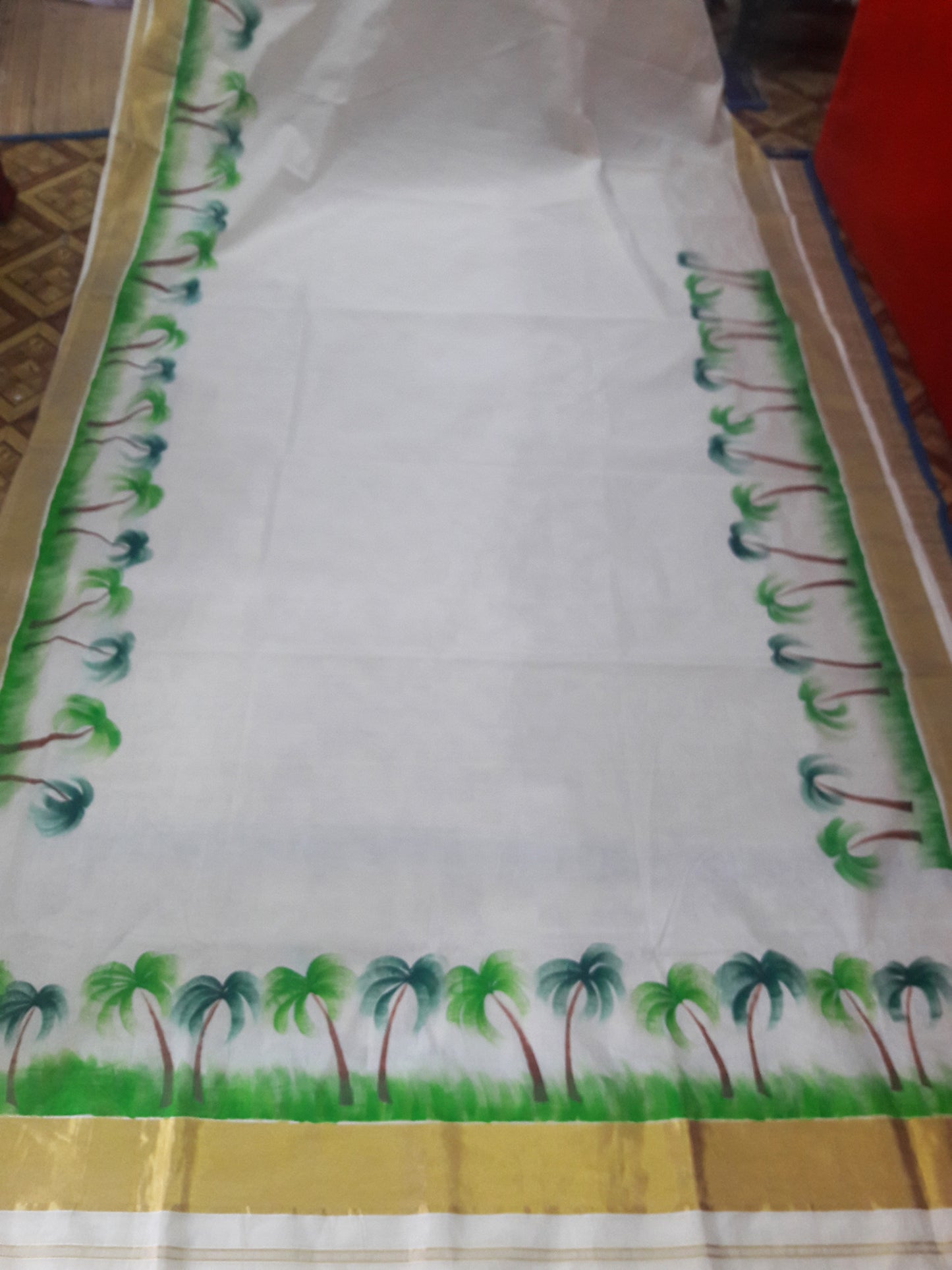 Coconut tree hand drawing kerala kasavu cotton saree