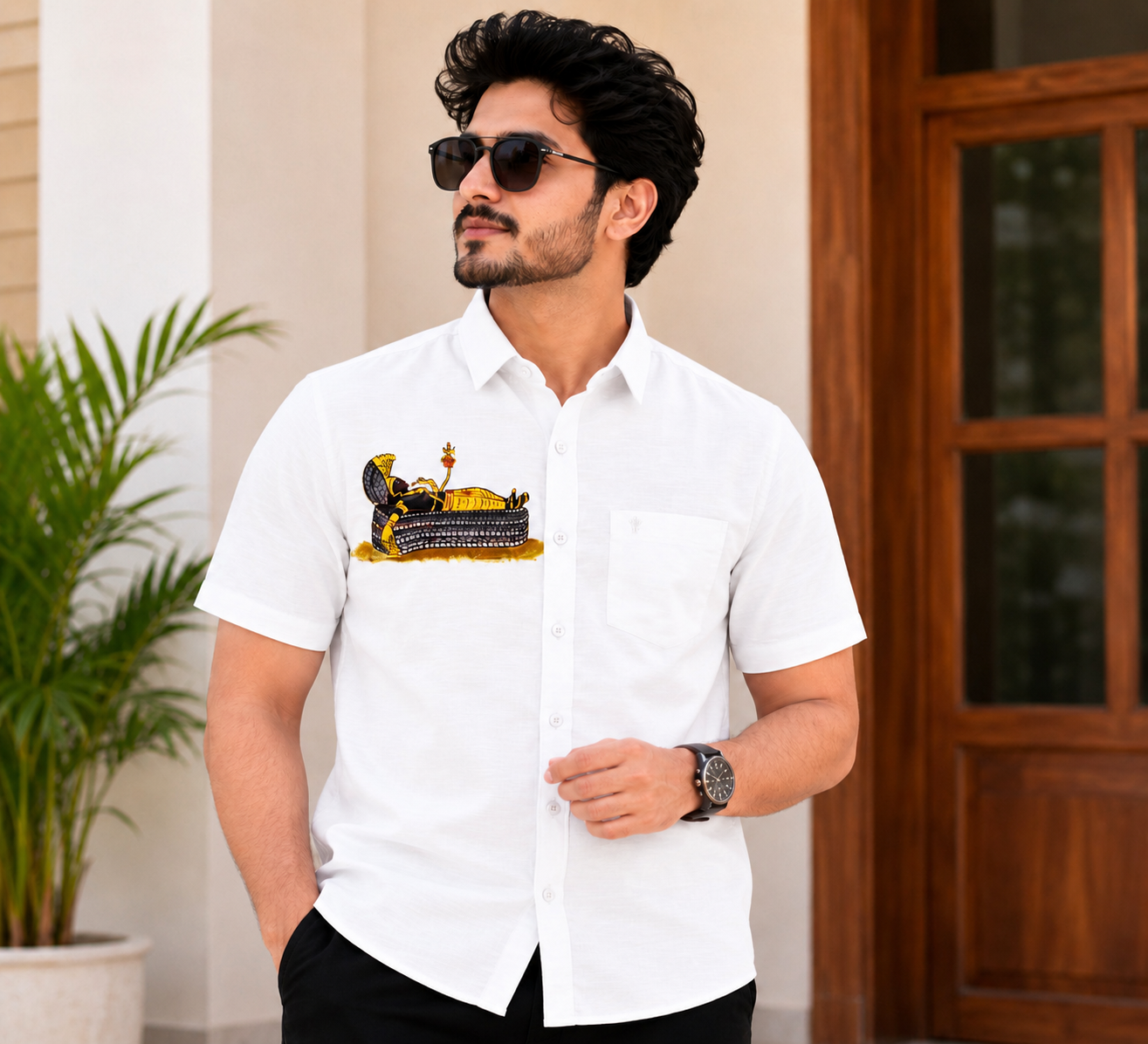 Black and golden Sree padmanabha swami hand painting on white shirt