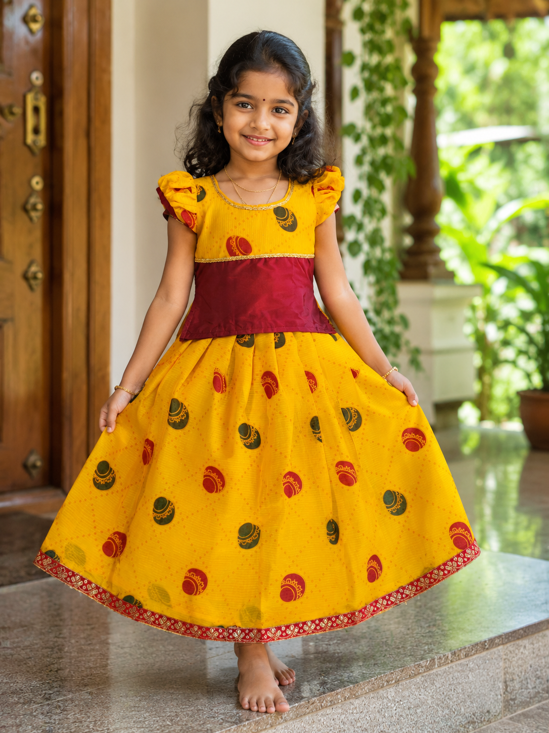 Yellow color designer color pattu pavada for kids
