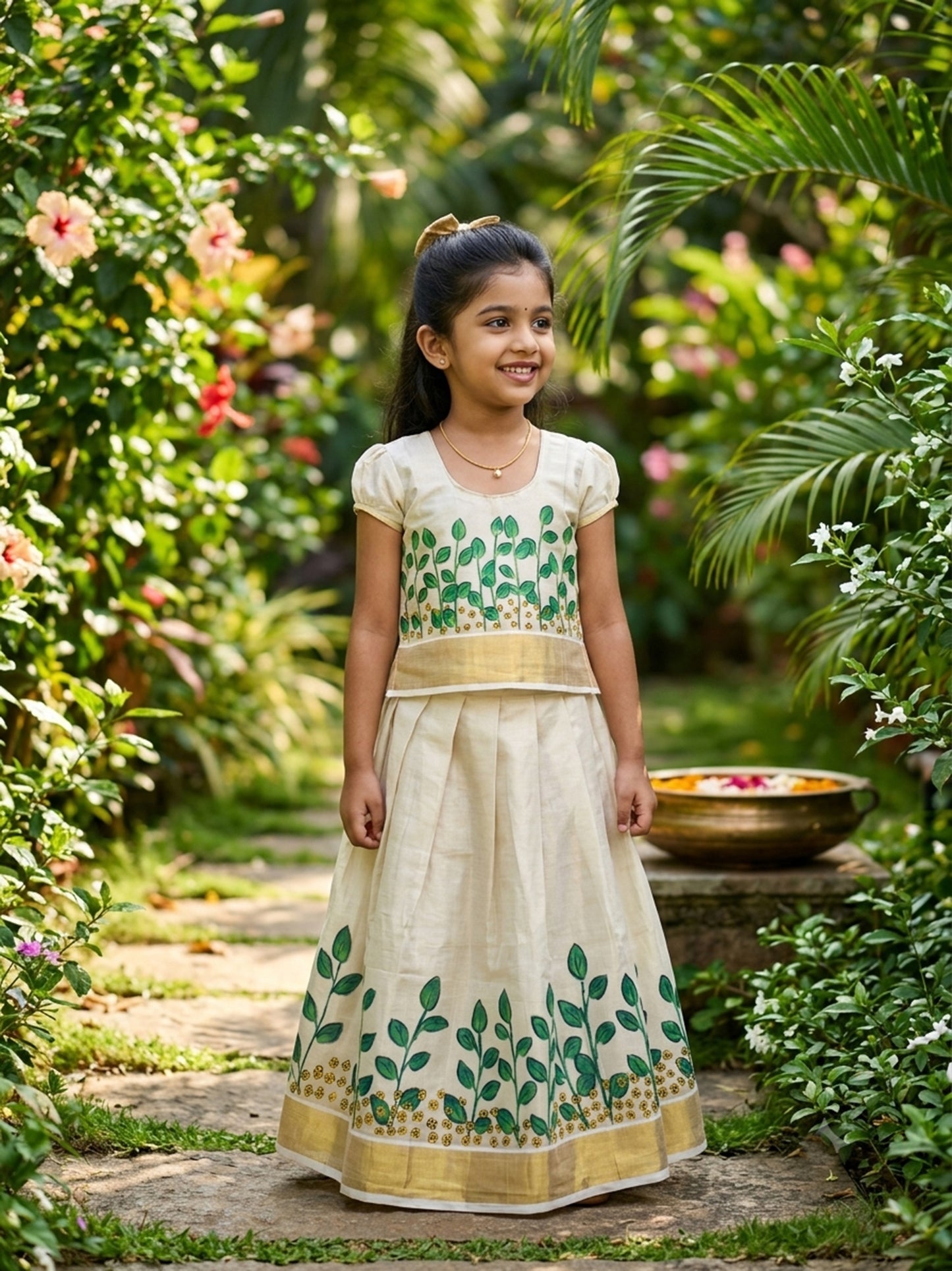 Flower hand painting design kerala tissue kasavu pattu pavada for girls