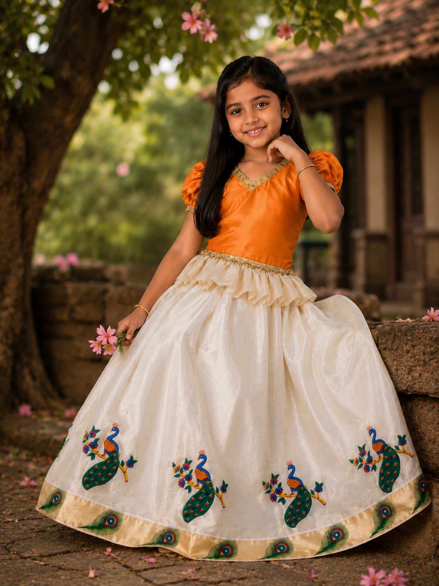 Designer traditional tissue kerala pattu pavada with pleated orange blouse