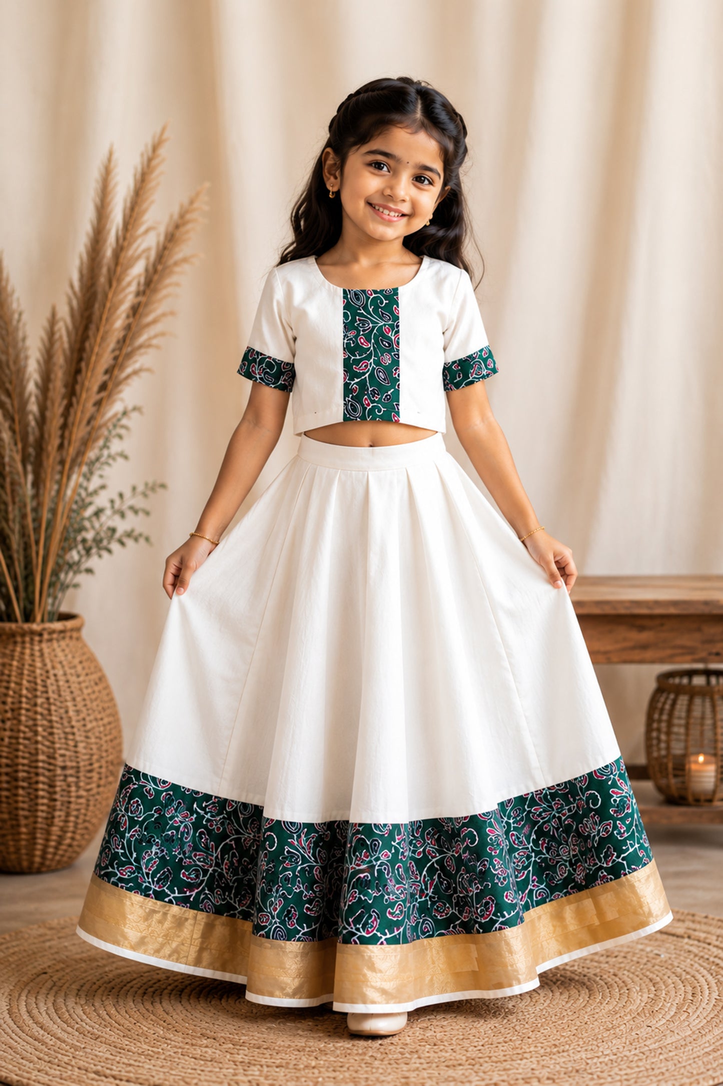 Blue kalamkari designer skirt and blouse kerala kasavu pattu pavada for girls