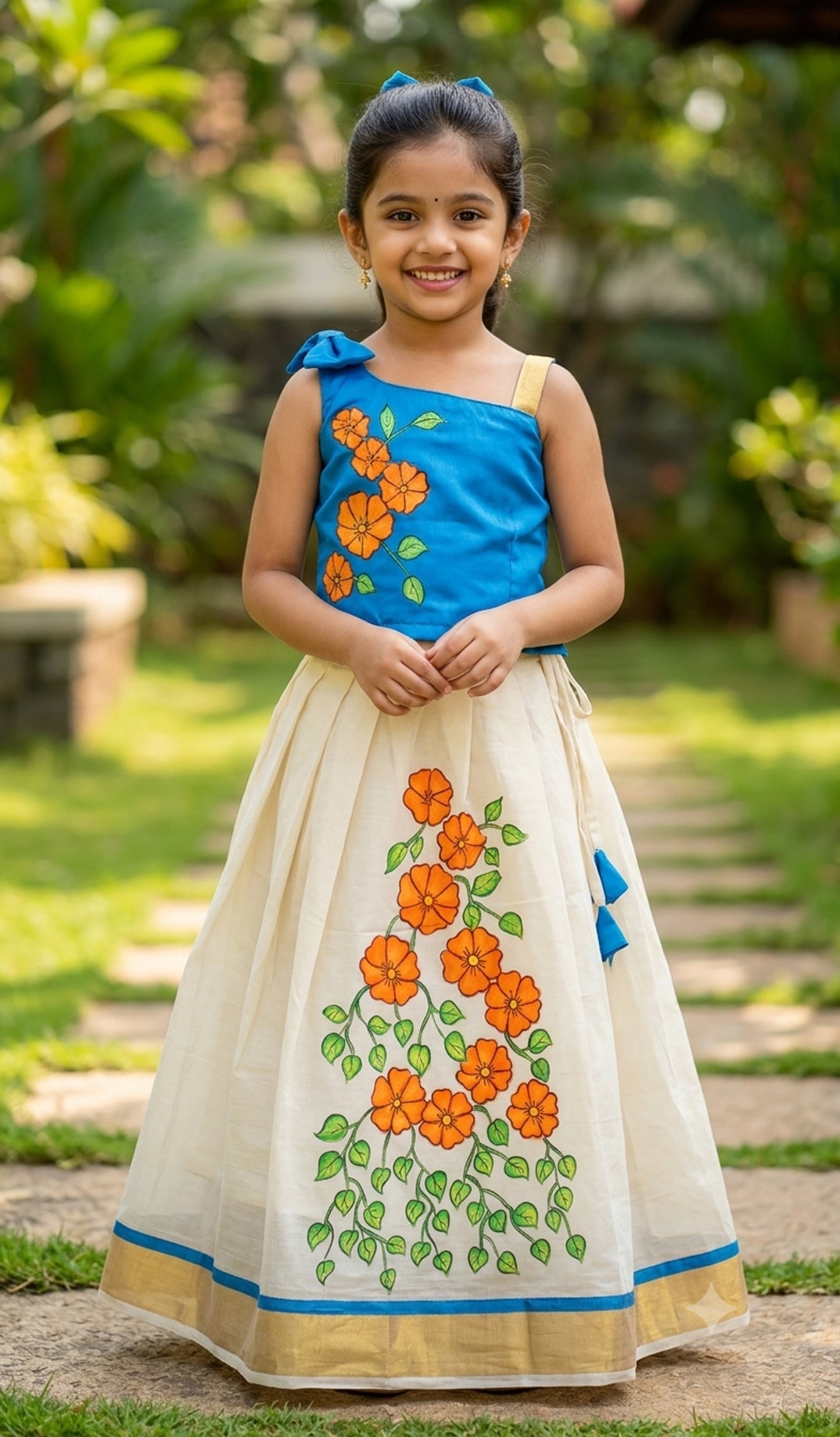 Flower mural hand painting kerala cotton kasavu pattu pavada for kids