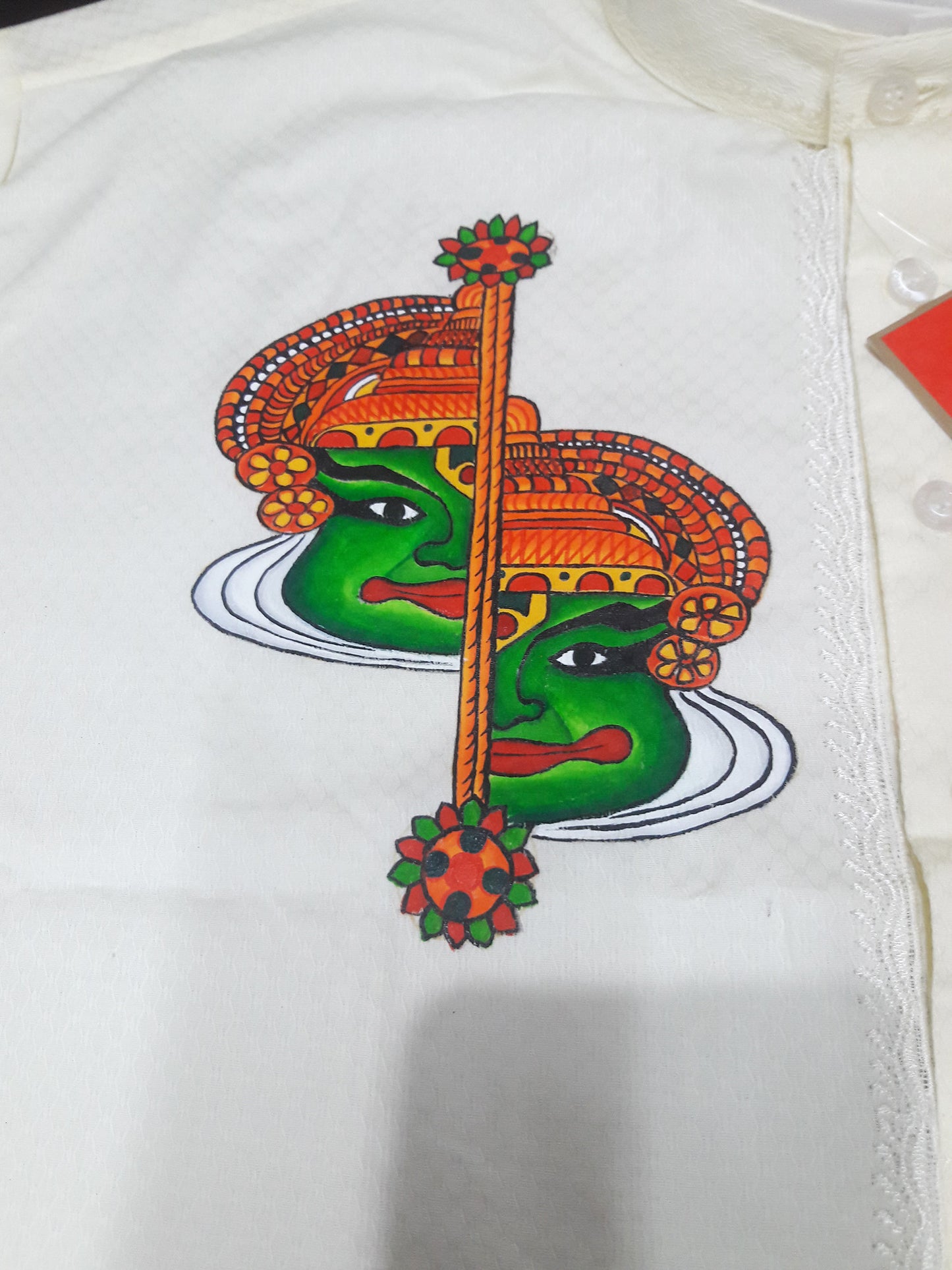 Half kathakali face hand mural painting on cream silk kurta