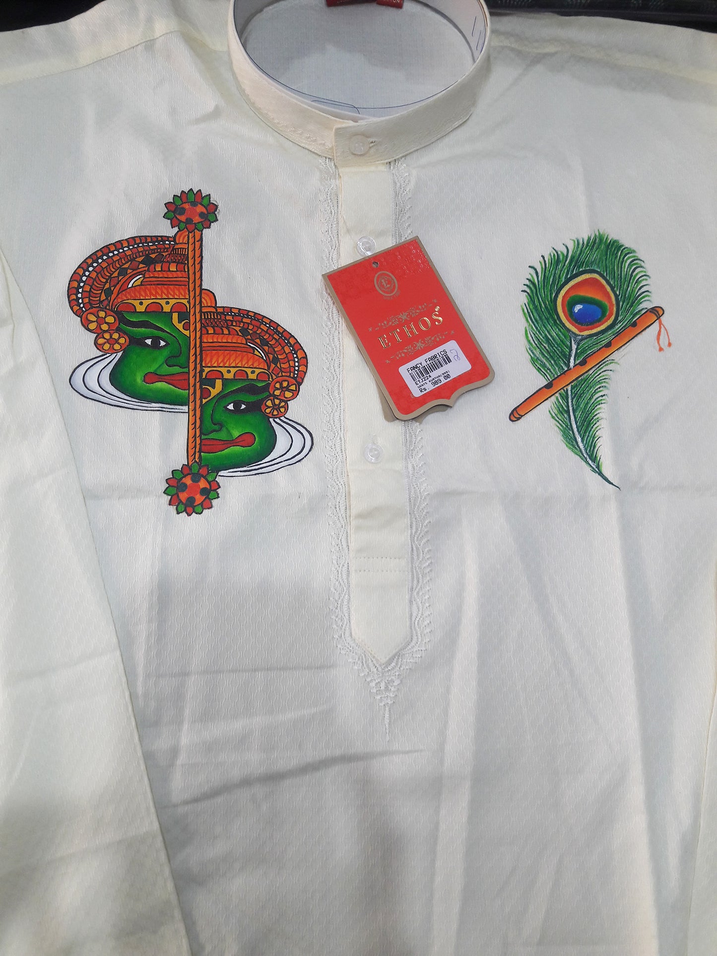 Half kathakali face with peeli hand mural painting on silk cream kurta