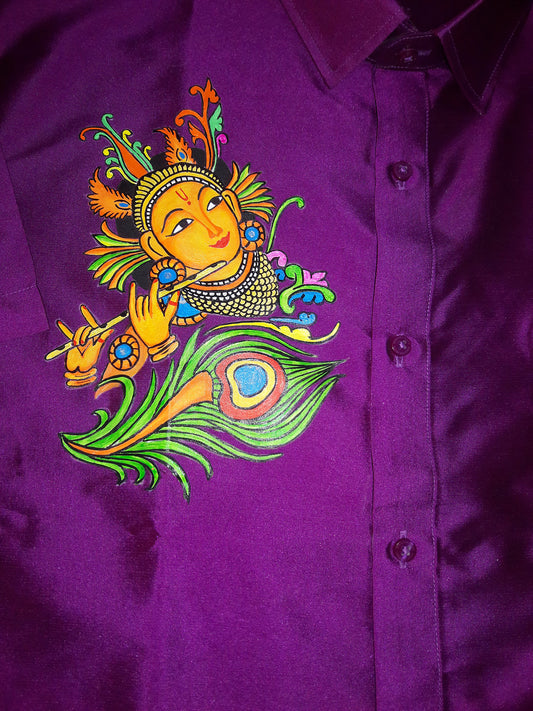 Krishna with peeli flute hand mural painting on maroon silk shirt