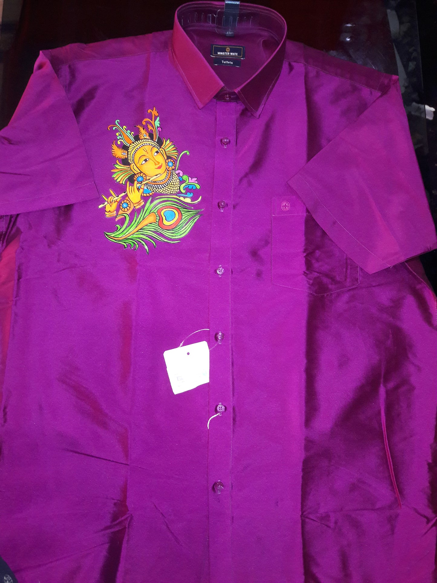 Krishna with peeli flute hand mural painting on maroon silk shirt