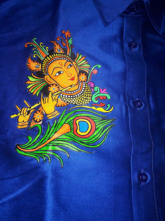 krishna with peeli hand mural painting on blue silk shirt