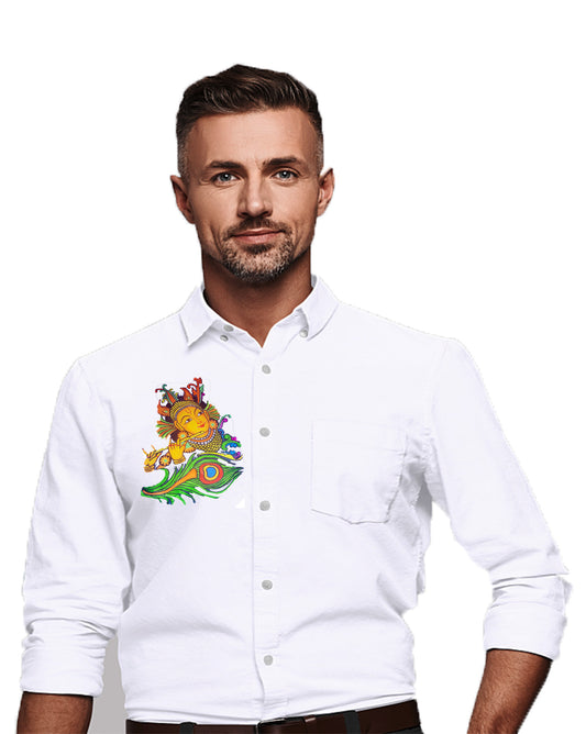 Krishna with peeli hand mural painting on white cotton shirt